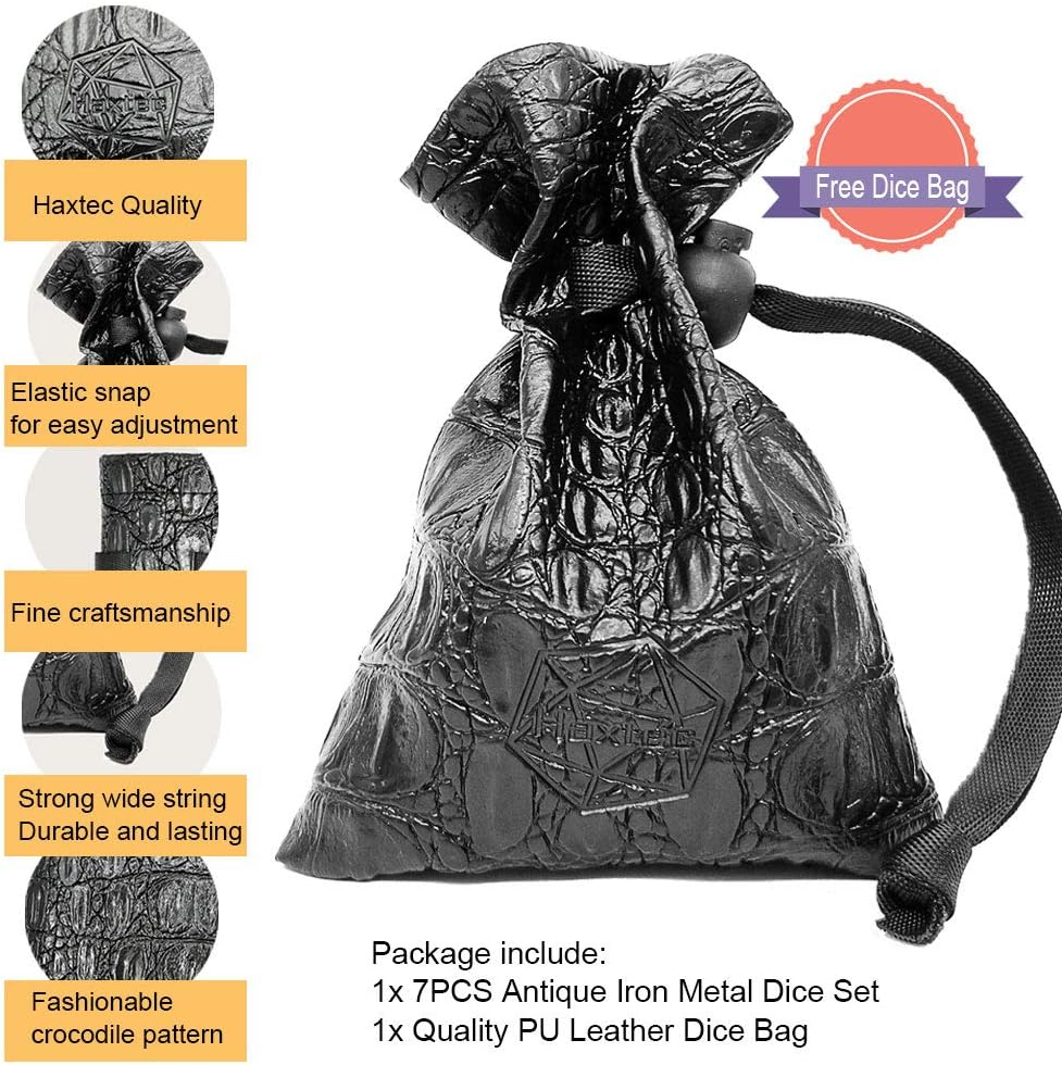 Haxtec Antique Iron Metal DND Dice Set Silver D&D Polyhedral Dice W/PU Leather Dice Bag Compatible with Dungeons and Dragons Gift TTRPG