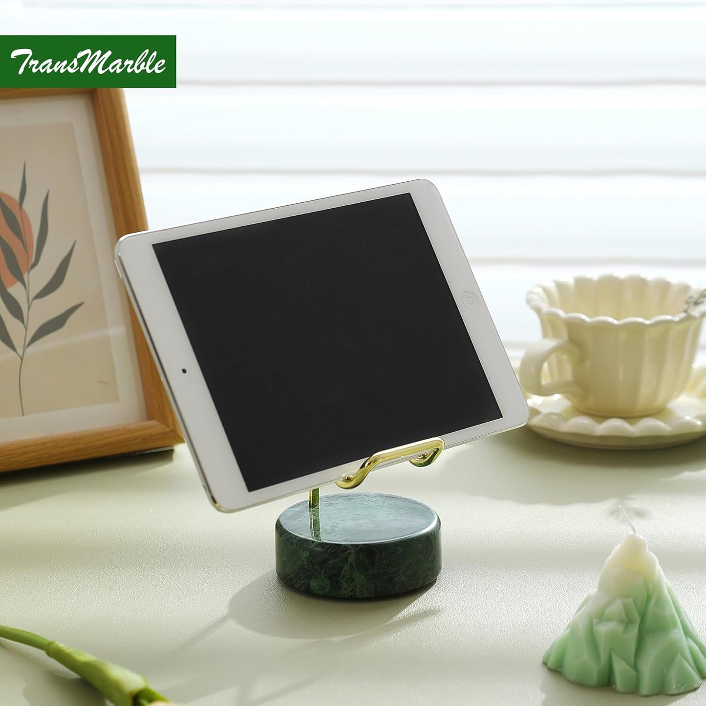 Marble Phone Stand with Metal Holder, Charging Available While Using, Swipe Up to Unlock, Made of Natural Marble as Business Card Holder for Office Desk (Emerald Green + Gold)