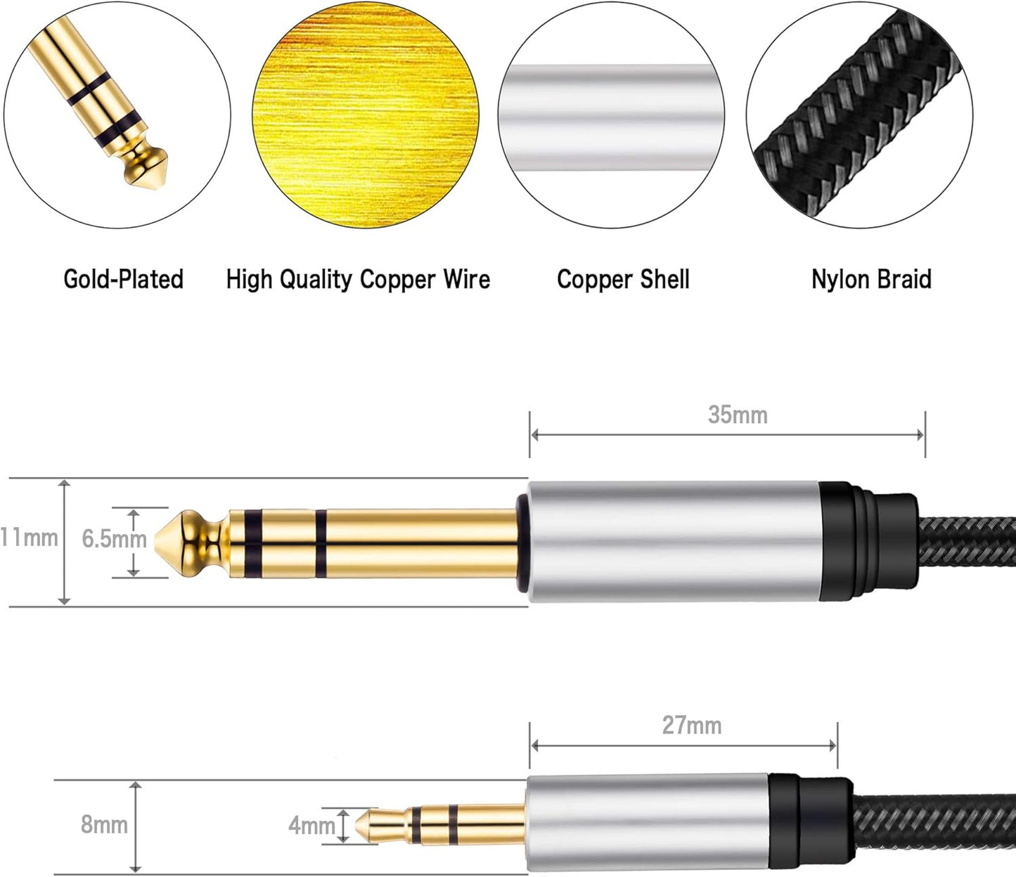 3.5 mm to 6.35 mm Audio Cable 3Ft, Gold-Plated Terminal Silver Color Zinc Alloy Housing 3.5mm 1/8" Male TRS to 6.35mm 1/4" Male TRS Nylon Braided Stereo Audio Cable for Cellphone, Amplifiers(3Ft/1M)