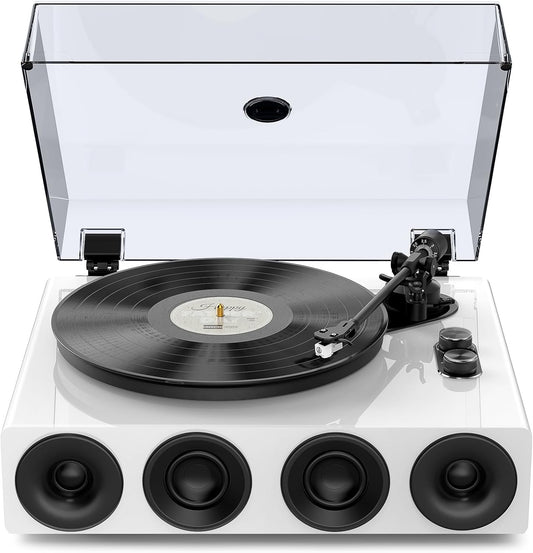 1 by ONE All-in-One Record Player with Wireless Input, High Fidelity Belt Drive Turntable with Built-in Speakers, Magnetic Cartridge AT-3600L, Built-in Preamp, Piano Lacquer White