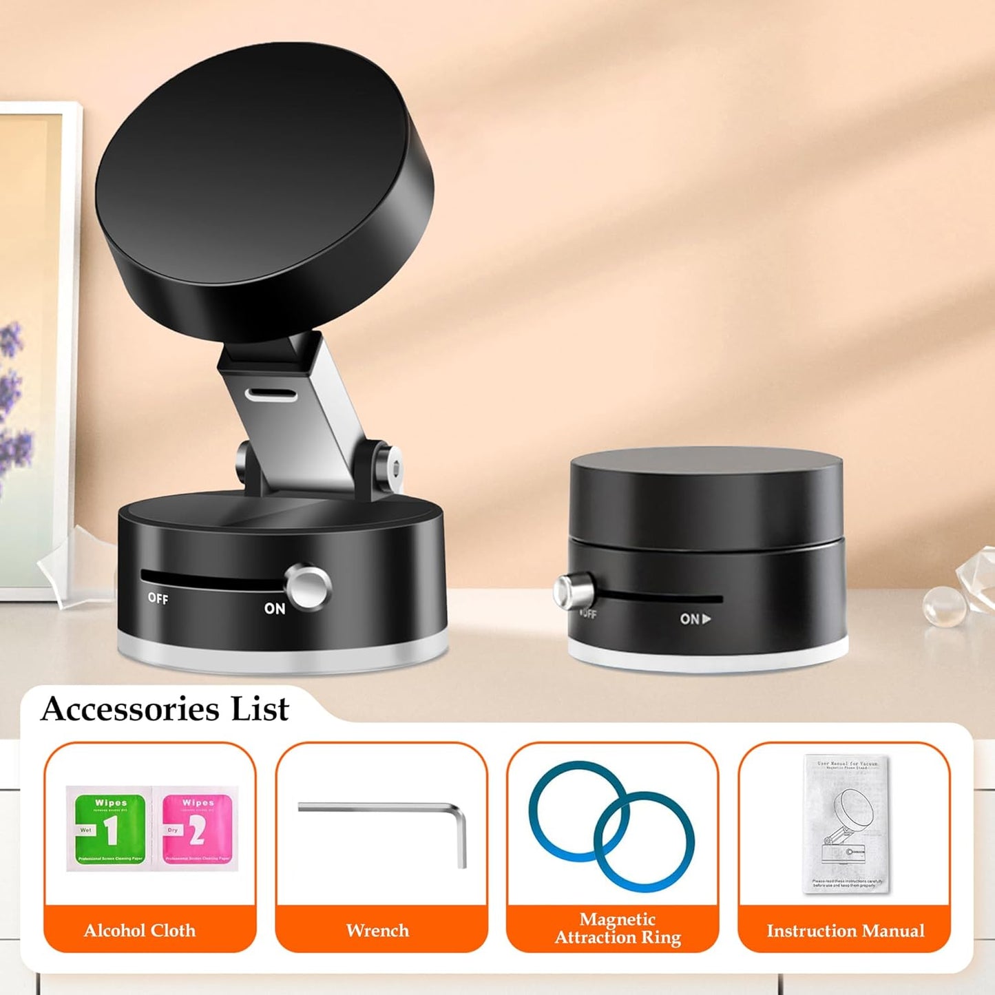 Foldable Vacuum Magnetic Suction Phone Holder,Retractable Magnetic Car Cellphone Holder,Hands-Free Portable Multifunctional Vacuum Suction Phone Mount for Car, Mirror, Gym, Kitchen (Black)