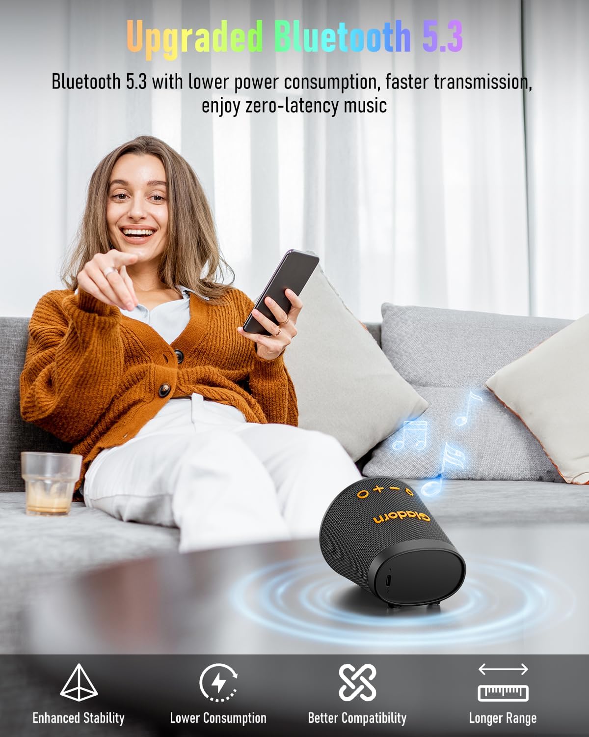 Portable Bluetooth Speaker Wireless with 9 Color Lights, 20H Playtime, Stereo Pairing, Deep Bass, IPX6 Waterproof, Bluetooth 5.3, Small Speaker for Home, Party, Outdoor, Camping, Beach, Gift