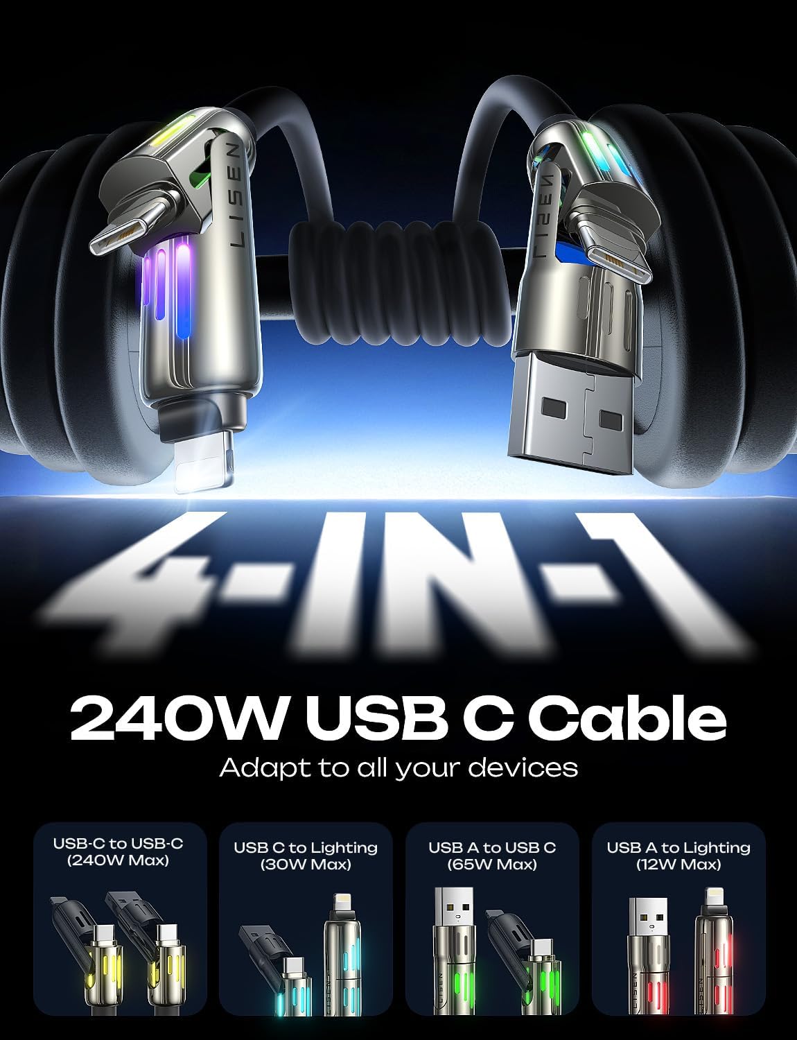 LISEN USB C to Lightning Cable, 240W 4 in 1 Charging Cable 10FT, Chubby USB A/C to C/Lightning with Light for iPhone 16e 16 15 14 Pro/MacBook/iPad/Samsung S25/Switch, Multi Chargers for All Devices