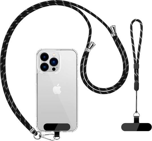 CACOE Cell Phone Lanyard Universal Crossbody Multifuctional Lanyard Compatible with Most Smartphones (Black Silver, 30"（Neck Strap×1）+8"（Wrist Strap×1）)