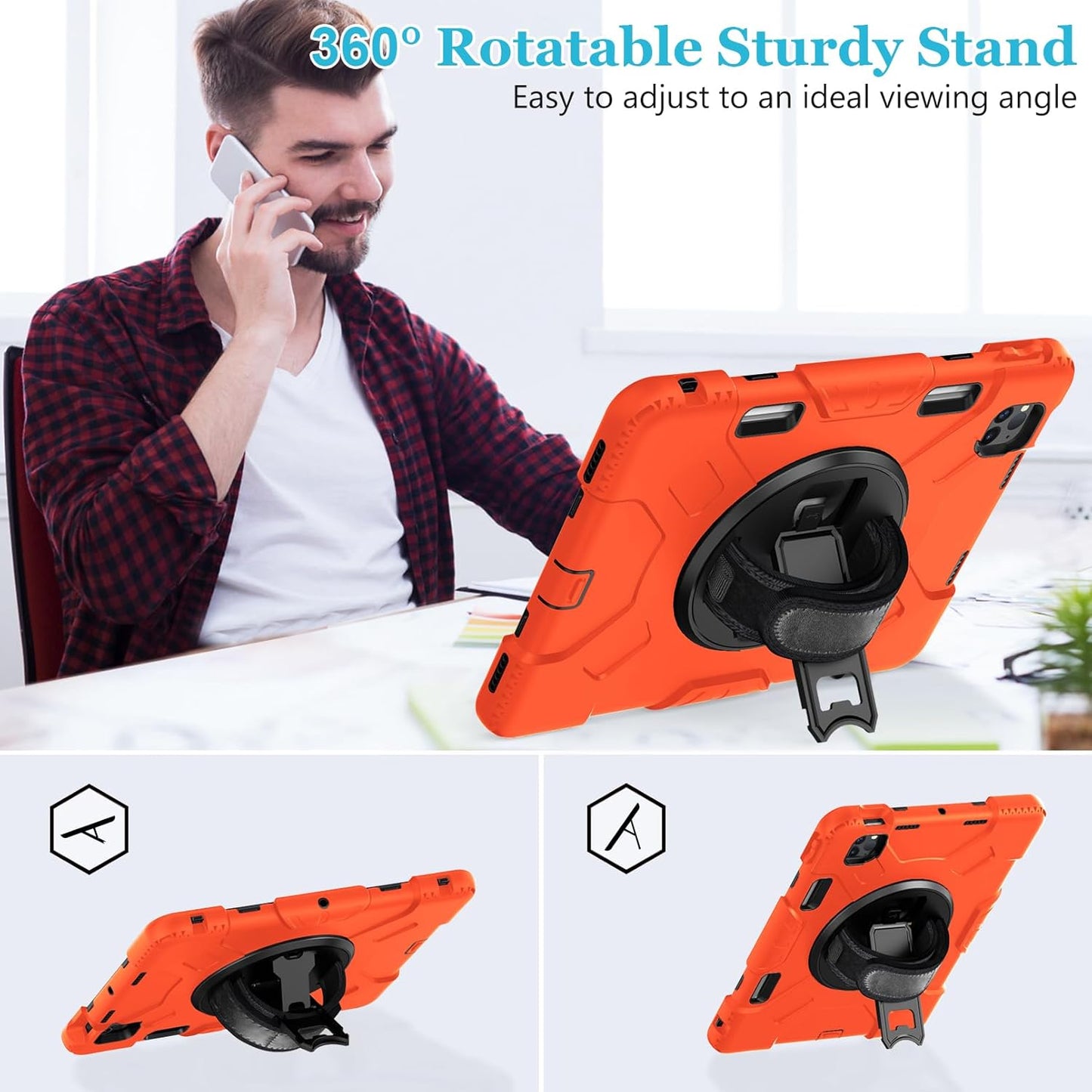 Case for iPad Pro 11 Inch 2022/2021/ 2020/2018: Silicone Cover for iPad 11 Inch 4th/ 3rd/ 2nd/ 1st/ Generation with Screen Protector- Stand- Handle- Shoulder Strap- Pencil Holder-Orange
