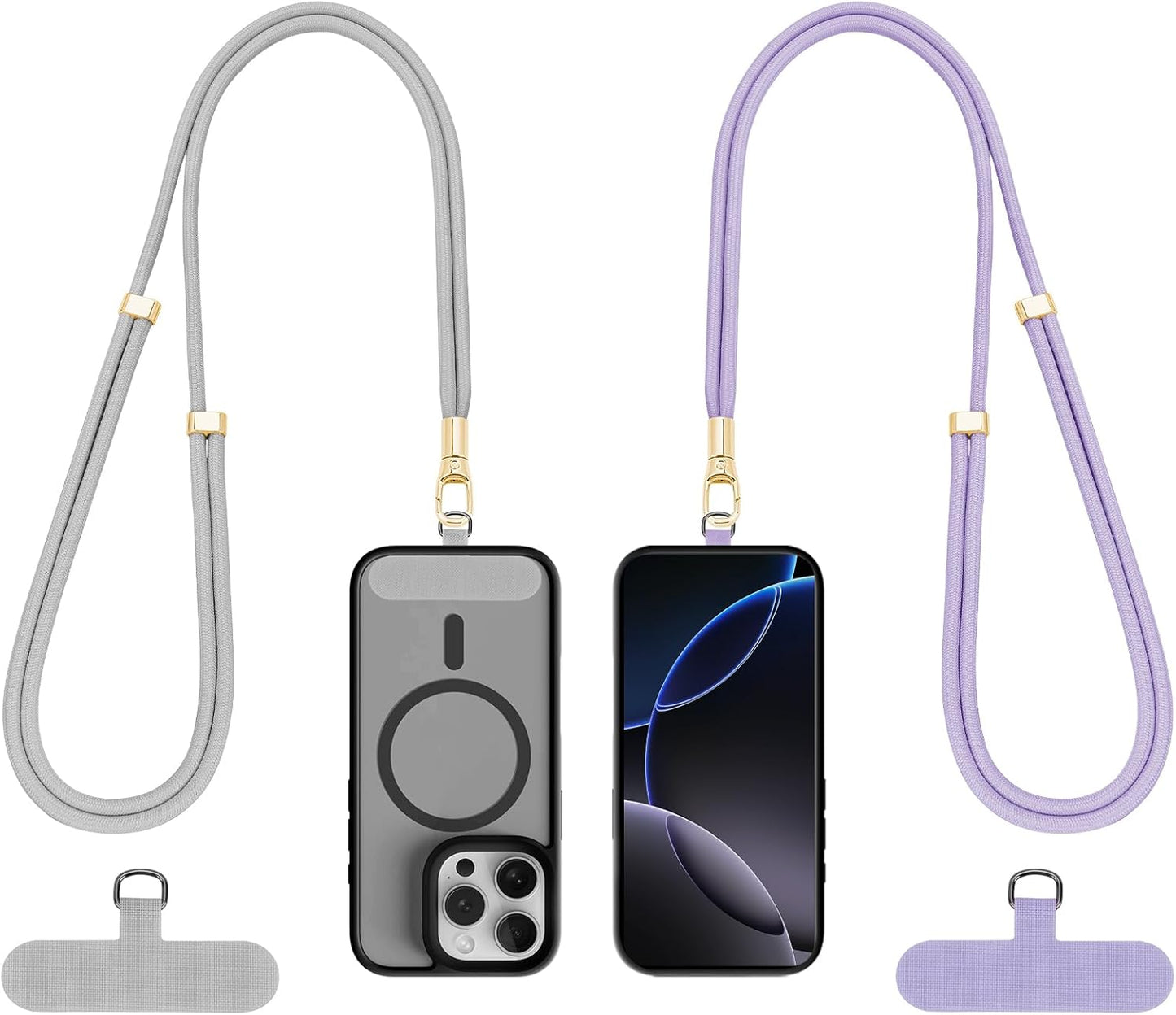 Phone Lanyard 2 Pack, 2x Adjustable Crossbody Phone Strap, 2x Tether Tab, Anti-theft Universal Cellphone Multifuctional Patch Lanyards for iPhone & Most Smartphones, Silver Grey + Purple