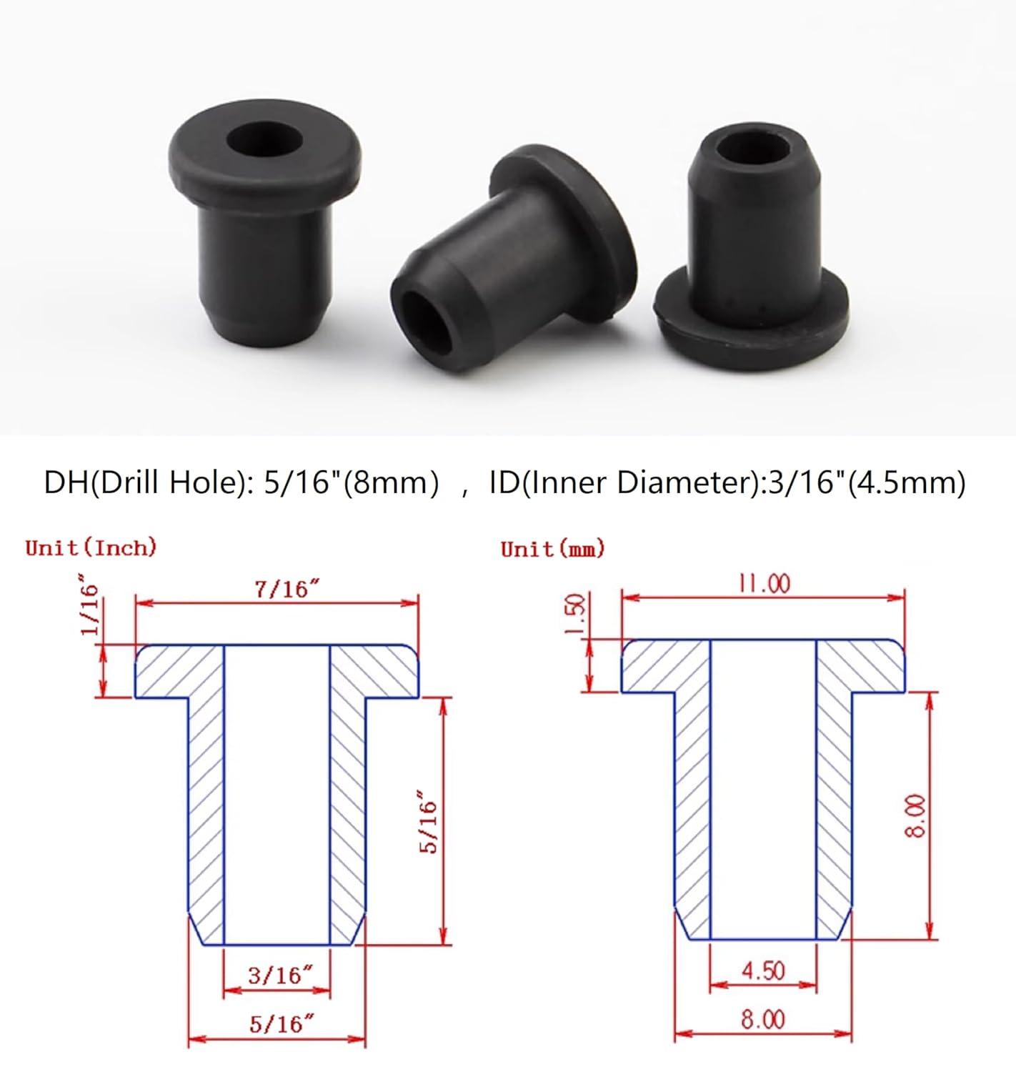 25 pcs 5/16" Drill Hole，3/16" ID Black Silicone Top hat Rubber Grommets for Wiring，Automotive，Firewall，Hole Plug，Desk，Screw，Water and Gas Pipe，Drain，House Siding，Cable Bushing，Glass，Wire Plug