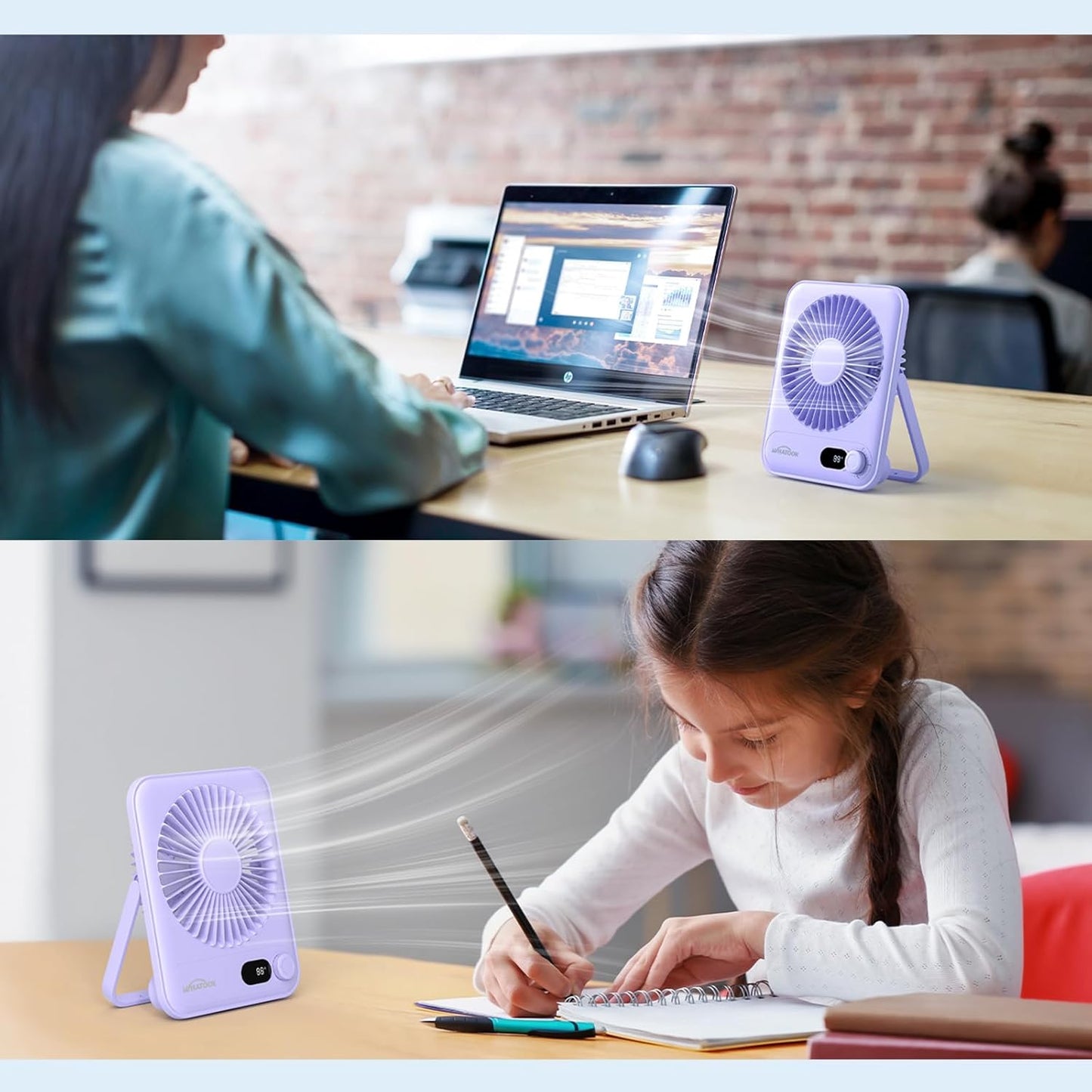WHATOOK Small Desk Fan Personal Fans: 5000mah 25 Hours Battery Office Quiet Mini Desktop Fan Portable Rechargeable Travel Essentials (Purple, 2000)