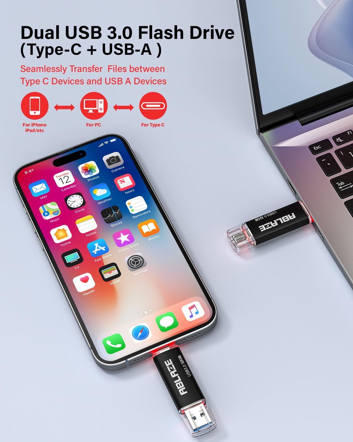 ABLAZE USB C Flash Drive 32GB 2 Pack, Dual USB 3.0+Type C Flash Drive Compatible with iPhone 16/15, Android Smartphone, Computer,Tablet Mac Laptop (2 Pack)