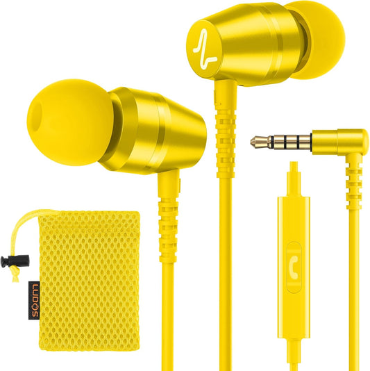LUDOS OMNITONE Wired Earbuds in-Ear Headphones, 5 Years Warranty, Earphones with Microphone, 3.5 mm Jack Corded Ear Buds, Videoconference for iPhone, Samsung, Laptop, Kids, School Students - Yellow