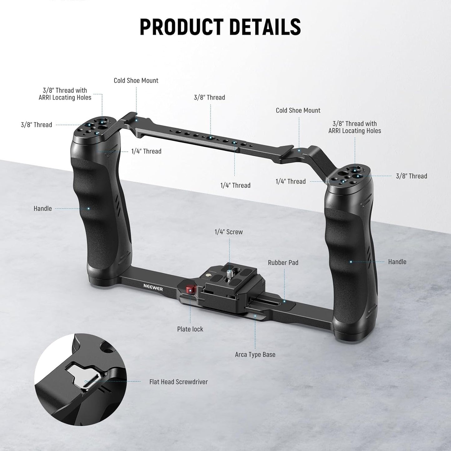 NEEWER Video Camera Cage Rig with Arca Type Quick Release Plate, Double Handles, 3/8" ARRI 1/4" Threads, Cold Shoes, Universal Camera Stabilizer, Compatible with SmallRig NEEWER Base Plate, CA077