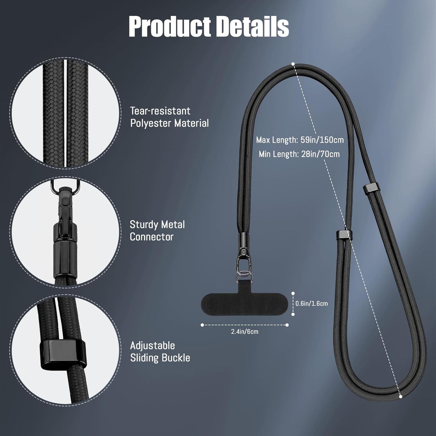 Phone Lanyard 2 Pack, 2x Adjustable Crossbody Phone Strap, 2x Tether Tab, Anti-theft Universal Cellphone Multifuctional Patch Lanyards for iPhone & Most Smartphones, Black+Black