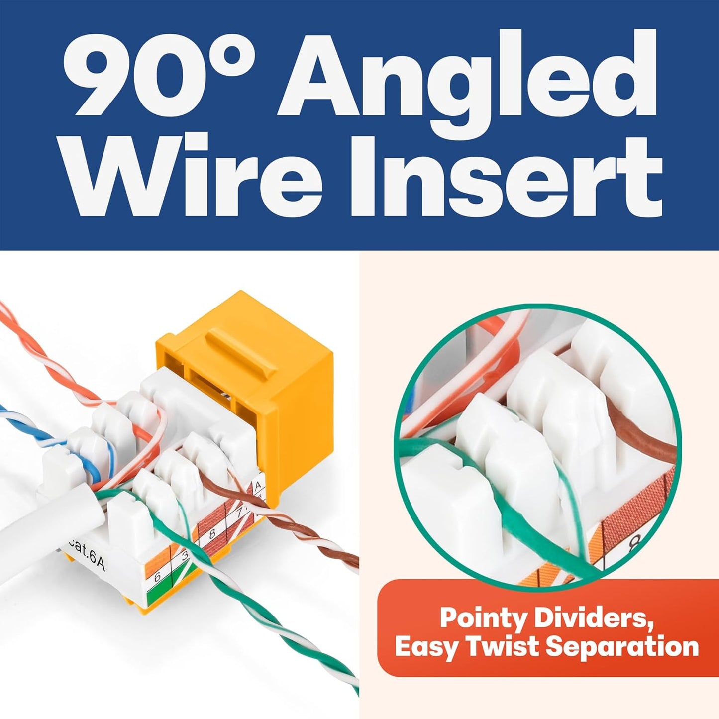 Everest 90° Angled RJ45 Cat6A Keystone Jacks 50-Pack in Yellow - Slim Profile Female RJ45 Connectors - Cat 6A Keystone Jack - Compatible with 90° Angled Speed Termination Tool - easyJACK (B094WB91H3)