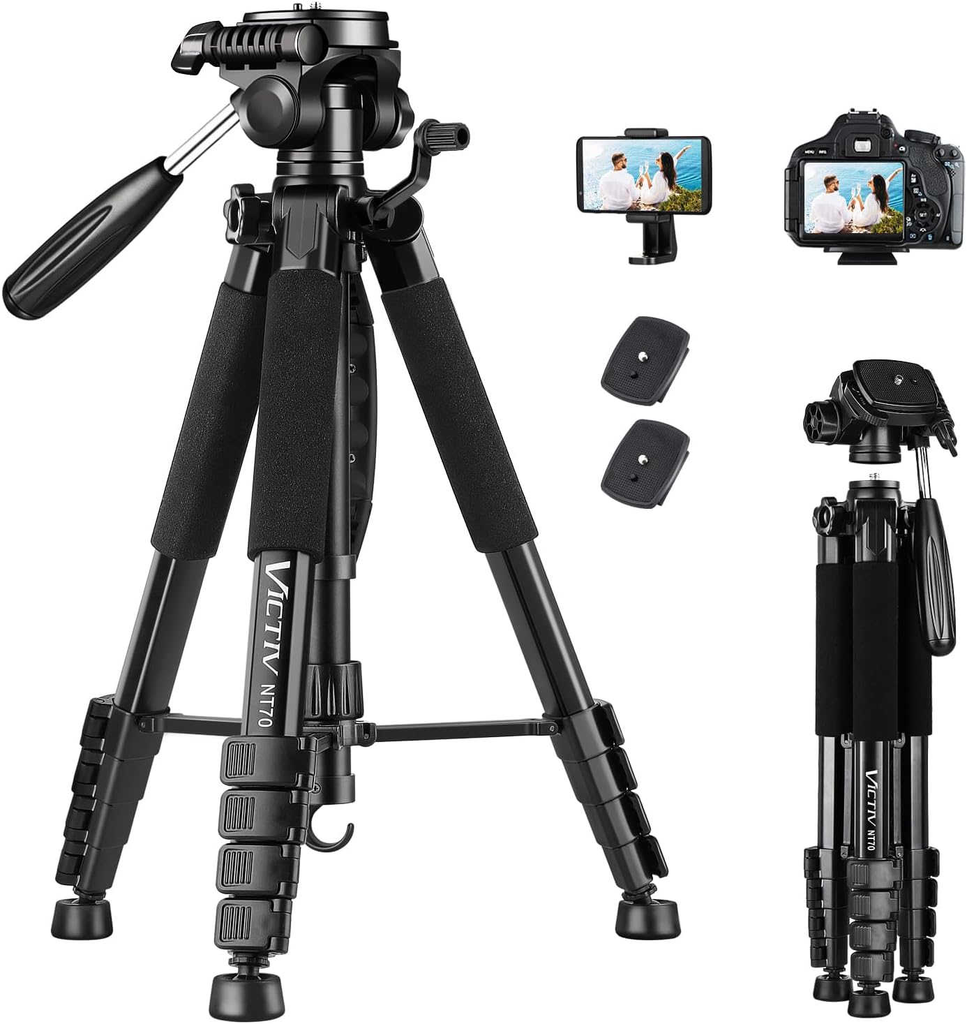 VICTIV 74” Camera Tripod, Tripod for Camera and Phone, Aluminum Professional Tripod Stand for Canon Nikon with Carry Bag and Phone Holder, Compatible with DSLR, iPhone, Spotting Scopes, Max Load 9.5Lb