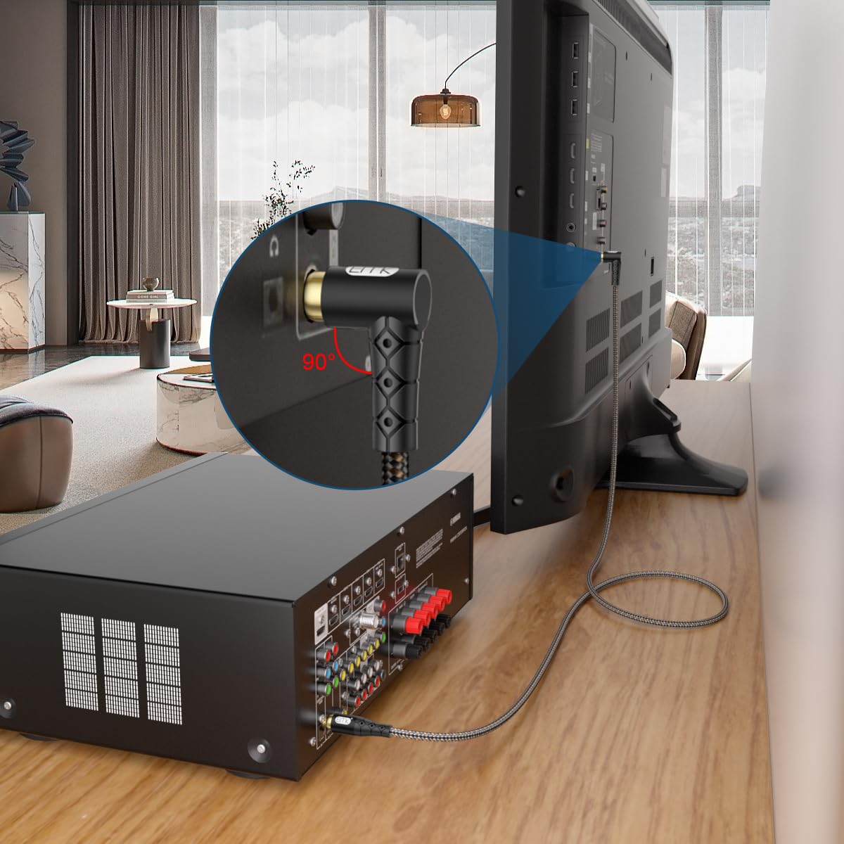 EMK 90 Degree RCA Subwoofer Cable 24K Gold-Plated Connector Nylon Braided Double Shielded – Support Digital & Analog Signals for Amplifier, Home Theater, Hi-Fi System,Subwoofer Black/6.6ft/2m