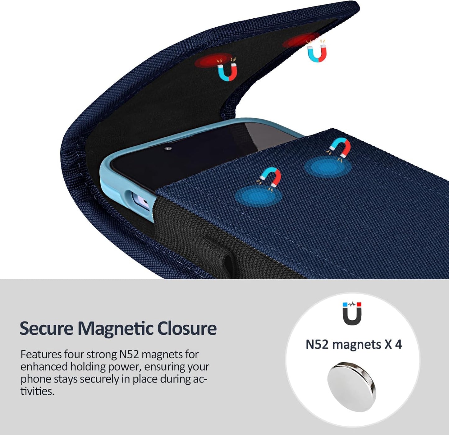 Phone Holster for Belt with Metal Clip and Magnetic Closure Compatible with iPhone 16/15/14/13/12 Pro and Non-Pro, Galaxy S25 S24 S23 S22 for Everyday Protection, M-Blue