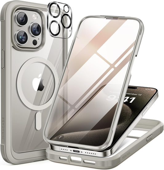 Miracase Magnetic for iPhone 15 Pro Max Case 6.7'' [Compatible with Magsafe] Full-Body Drop Proof Phone Case for iPhone 15 Pro Max with Built-in 9H Tempered Glass Screen Protector,Grey Titanium
