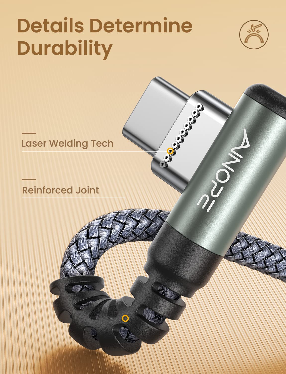 AINOPE USB Type C Cable [2-Pack, 6.6ft] 3.1A USB Fast Charge Cable Right Angle，Resistant Nylon Braided USB C Charging Cable Compatible with Galaxy S10 S9 S8 Plus S21, Note 10 9 8, V20