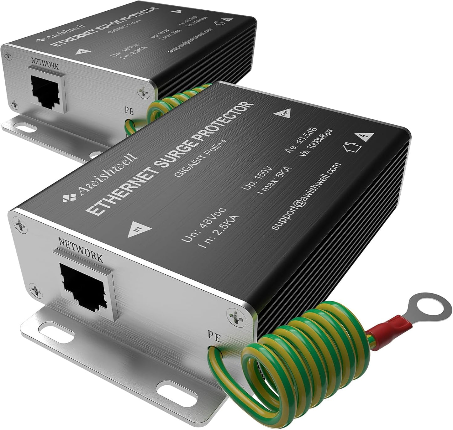 Ethernet Surge Protector Gigabit 2Pack, Network Protection PoE++, RJ45 Surge Protector 1000Mbps, Ethernet Lightning Arrestor LAN Network CAT5/CAT6 Thunder Arrestor-Mounting Flange (PTC/GDT)