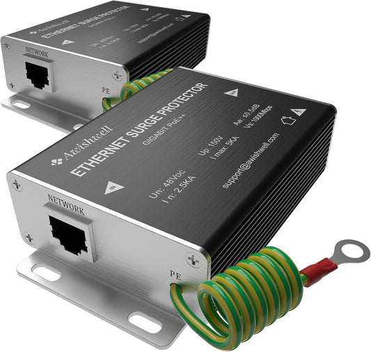 Ethernet Surge Protector Gigabit 2Pack, Network Protection PoE++, RJ45 Surge Protector 1000Mbps, Ethernet Lightning Arrestor LAN Network CAT5/CAT6 Thunder Arrestor-Mounting Flange (PTC/GDT)