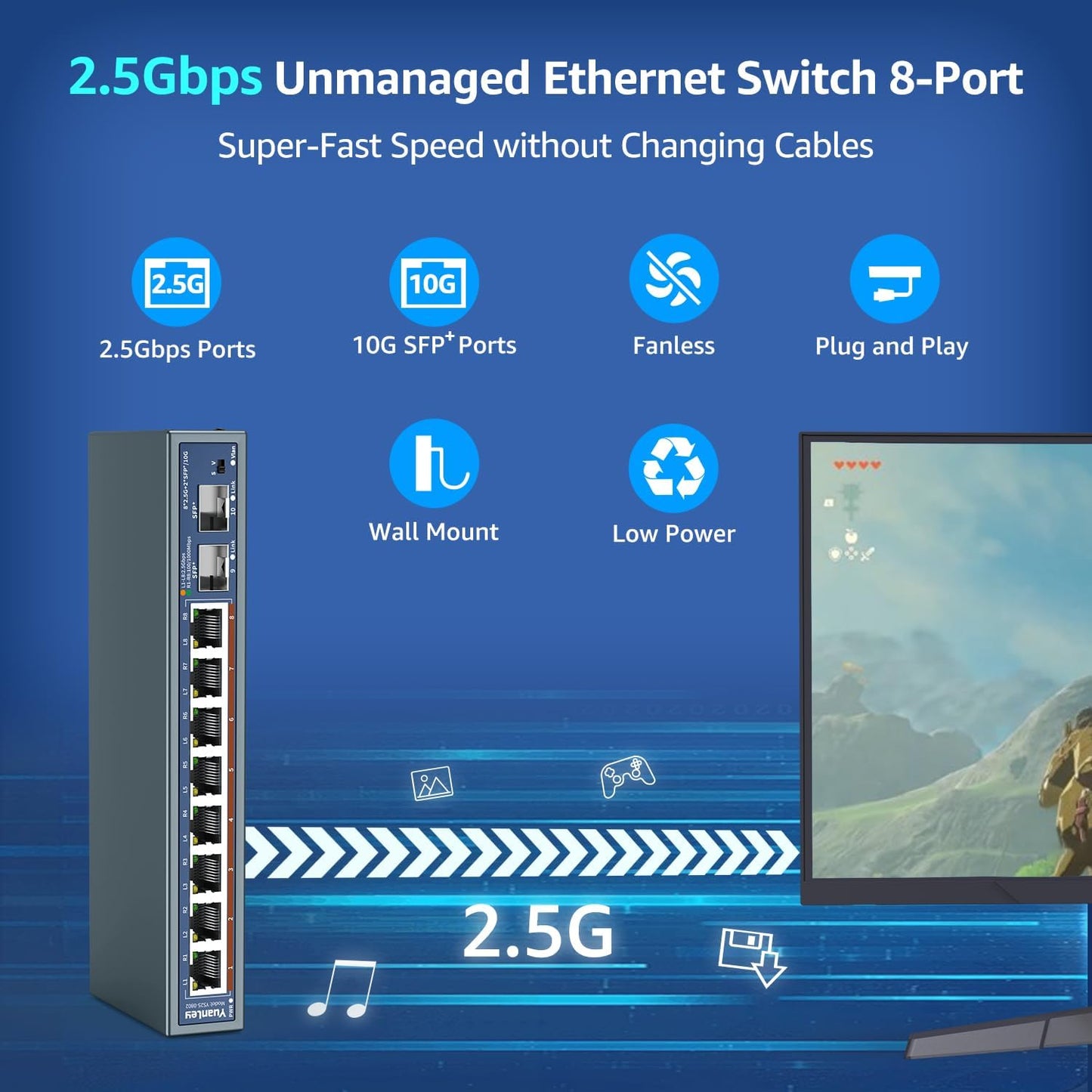 10 Port 2.5G Unmanaged Ethernet Switch, 8 x 2.5G Base-T Ports, 2 x 10G SFP, Compatible with 100/1000/2500Mbps, VLAN, Fanless, Desktop/Wall Mount YuanLey 2.5Gbe Network Switch for Wireless AP, NAS, PC