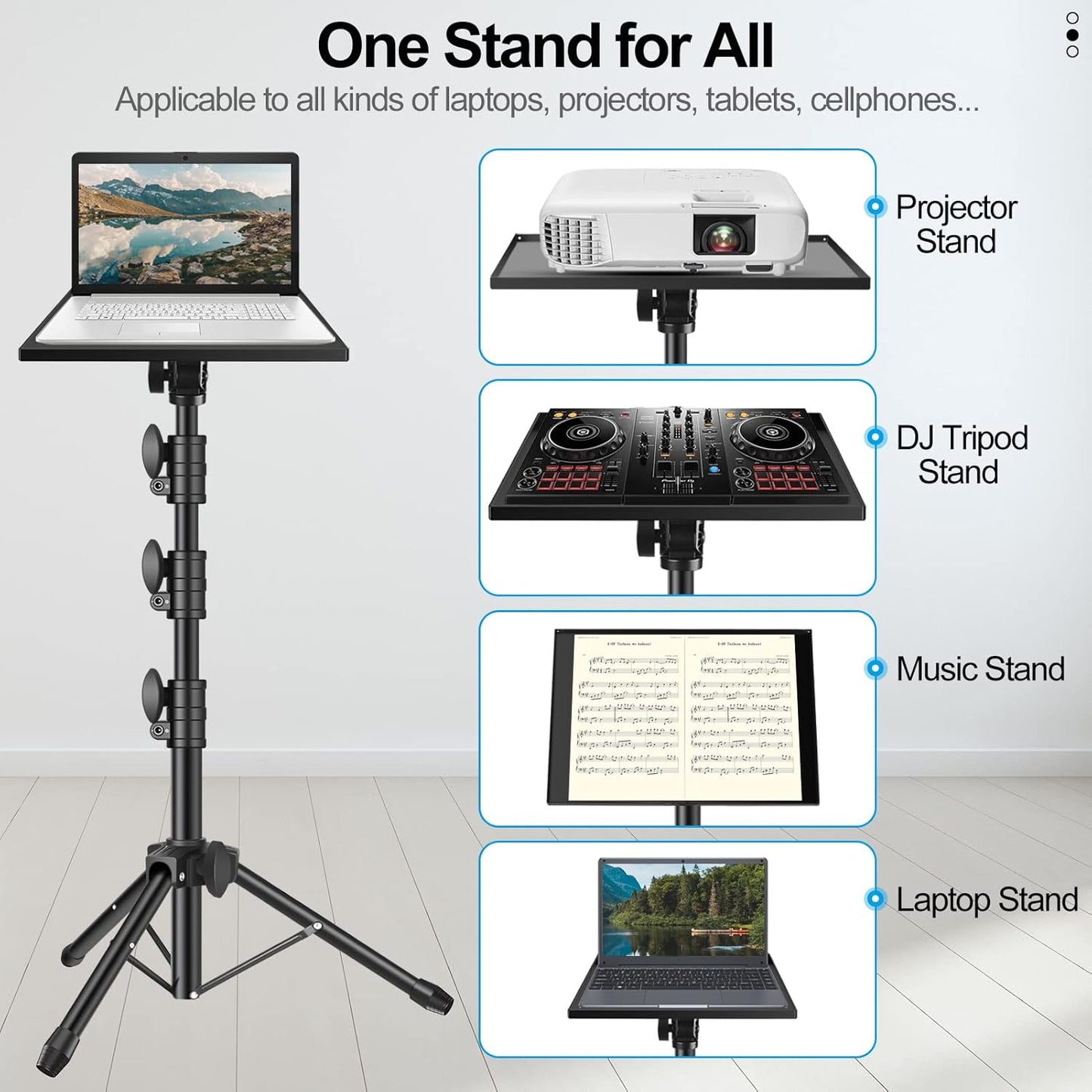 Projector Stand Tripod, Portable Laptop Floor Mount Adjustable Height 26 to 52 Inch with Gooseneck Phone Holder for Outdoor Movies-Detachable Computer DJ Racks