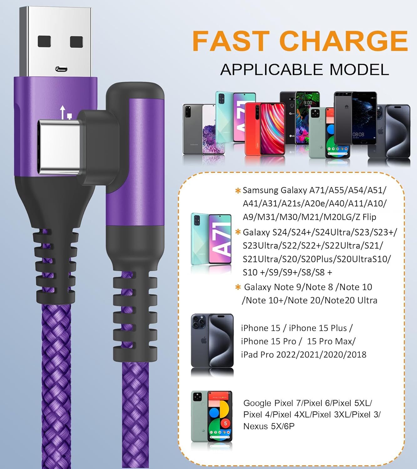 sweguard USB Type C Charger Cable Right Angle [2-Pack,10FT] iPhone 16 Charger Nylon Braided Cord for iPhone 15 16 Pro Max Samsung Galaxy S25 S24 S23 S22 S21 S20 S10 S9 Note A15 A55 Flip Pixel LG Moto