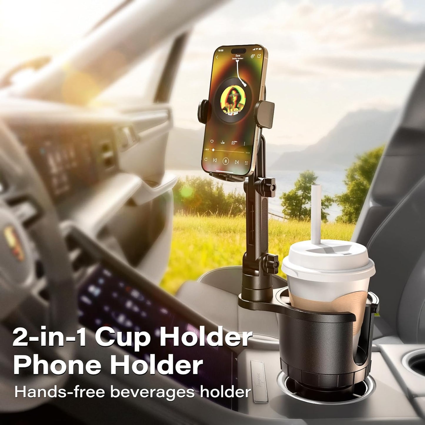 APPS2Car 2-in-1 Cup Phone Holder Mount for Car – Adjustable Arm & Base, 360° Rotatable Cradle – Holds 18–40oz Bottles & Smartphones – for Cars, SUVs, Trucks