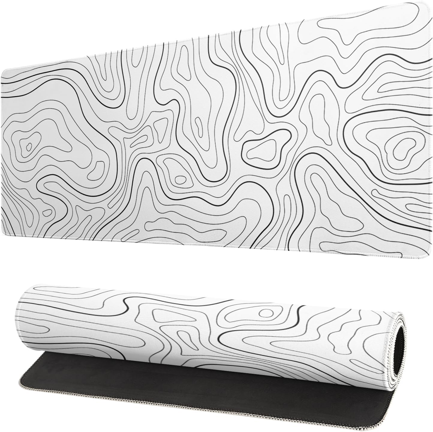 Topographic Contour White Gaming Mouse Pad XL Geographic Map Lines Extended Big Large Desk Mat Non-Slip Rubber Base Stitched Edge Long Keyboard Mousepad for PC Computer Laptop,31.5x11.8 Inch