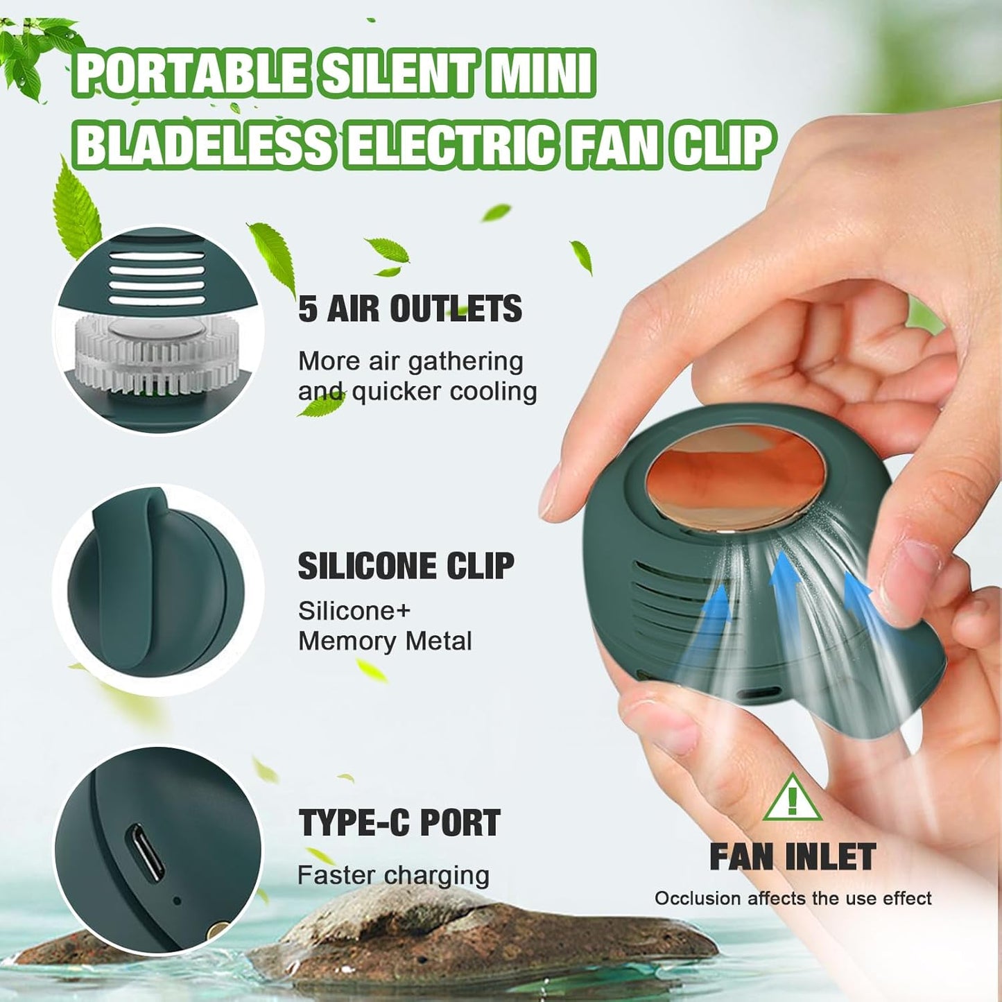 Portable Silent Mini Bladeless Fan Clip on, Portable Silent Mini Bladeless Electric Fan, For Outdoor & Travel & Office, Travel Accessories, Gift, Adjustable 3-Speed (Type-c, Green)