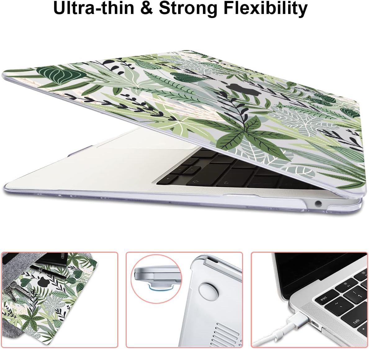 for MacBook Air 13 inch Case 2021 2020 2019 2018 for Mac A2337 M1 A2179 A1932 Cover with Touch ID, Crystal Plastic Hard Shell Case Keyboard Skin Screen Protector, Tropical Green Leaves