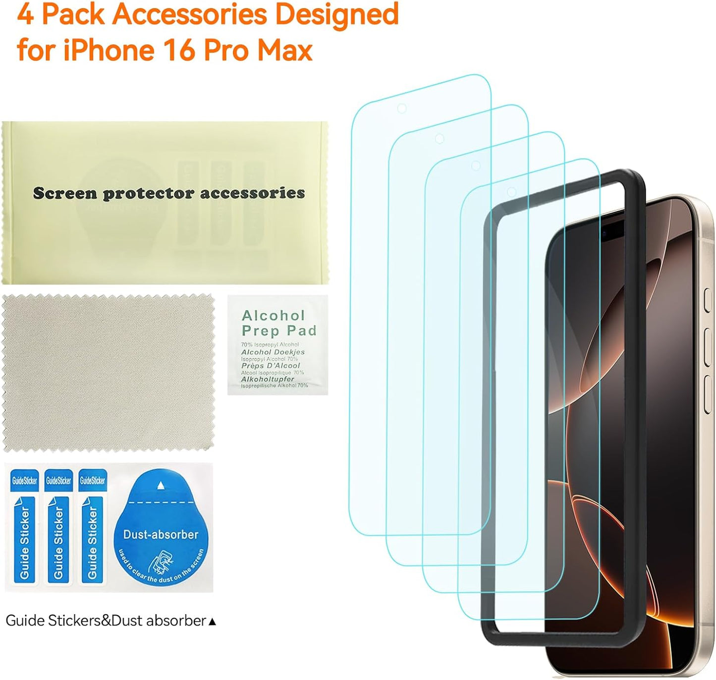 4 Pack Anti Blue Light Screen Protector for iPhone 16 Pro Max [6.9 inch] with Installation Frame,9H+ Anti Blue Light Tempered Glass, Anti-Scratch, Case Friendly