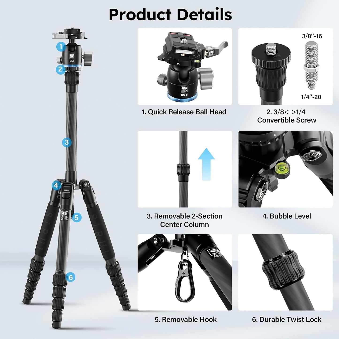 SIRUI Carbon Fiber Travel Tripod - Lightweight 55.1" Compact Tripod with 360° Panorama Ball Head, Quick Release Plate (AM-025K+KS-5)