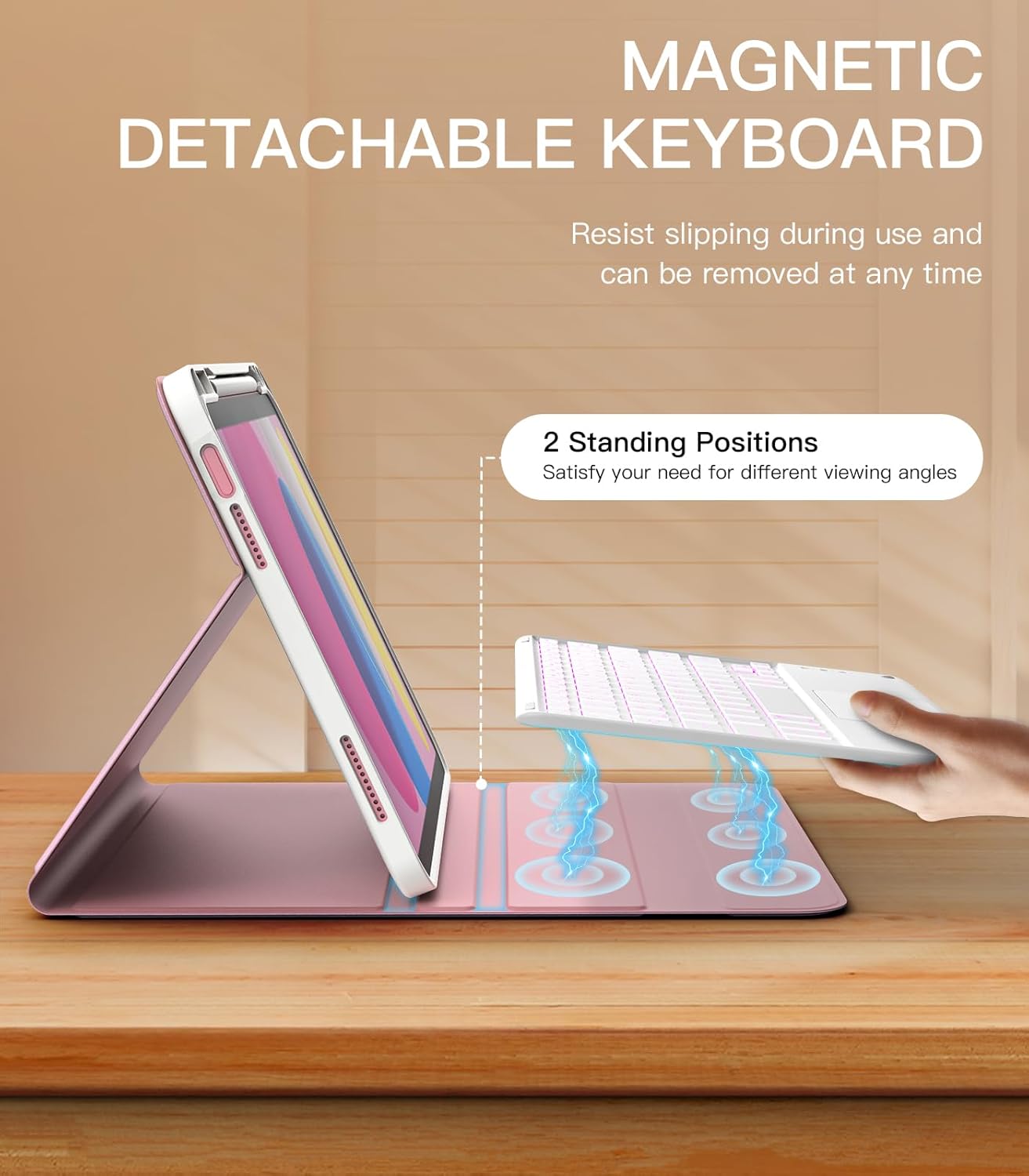 MoKo Touch Keyboard Case for iPad (A16) 11th Generation 11 inch 2025, iPad 10th Generation 10.9 inch Case with Pencil Holder, 7 Colors Backlit Multi-TrackPad Detachable Bluetooth Keyboard,Nosegay Pink