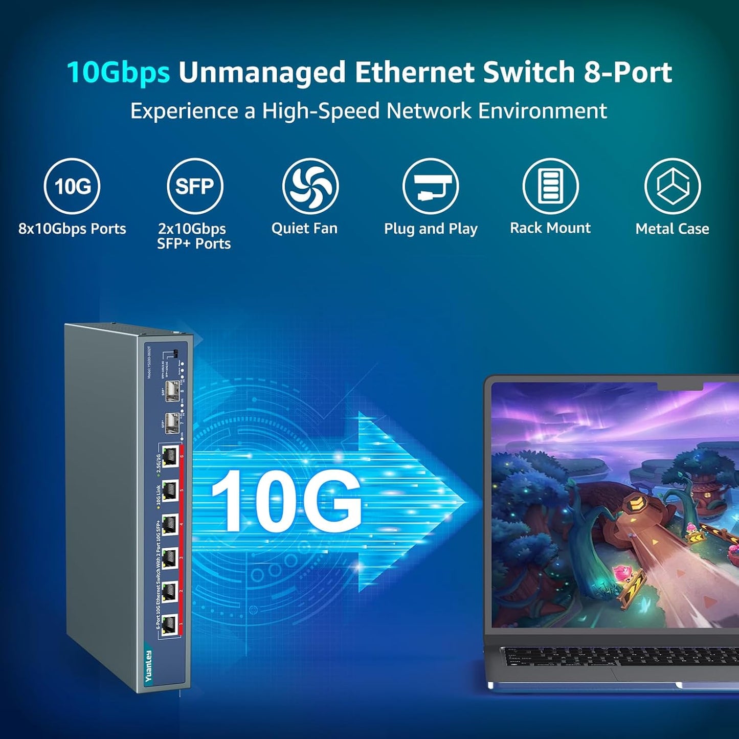 YuanLey 8-Port 10G Ethernet Switch, 6 x 10Gbps RJ45 Ports, 2X 10Gbe SFP+ Ports, Support 10G/5G/2.5G/1G/100Mbps Speed Auto-Negotiation, 160Gbps Switching Capacity, Unmanaged Switch Rackmountable