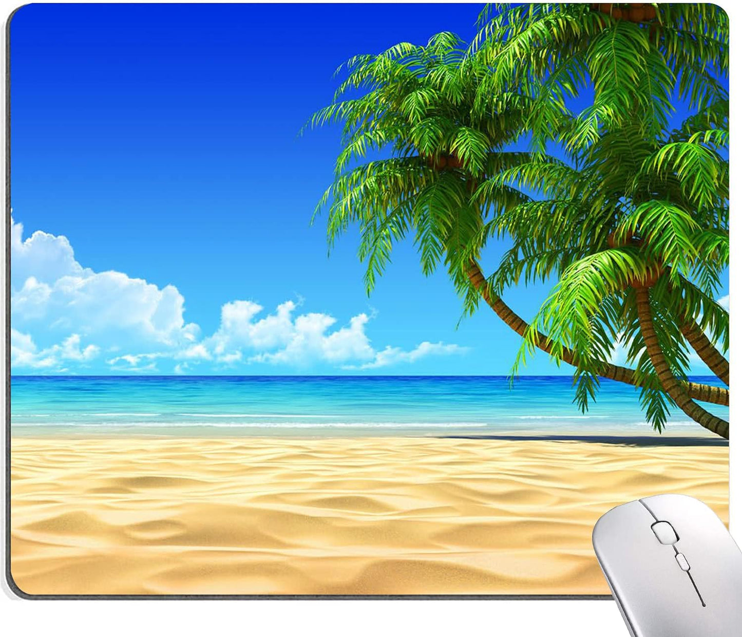 Beach Mouse Pad, Mouse Mat Square Waterproof Mouse Pad Non-Slip Rubber Base MousePads for Office Home Laptop, Beach and Coconut Trees Design