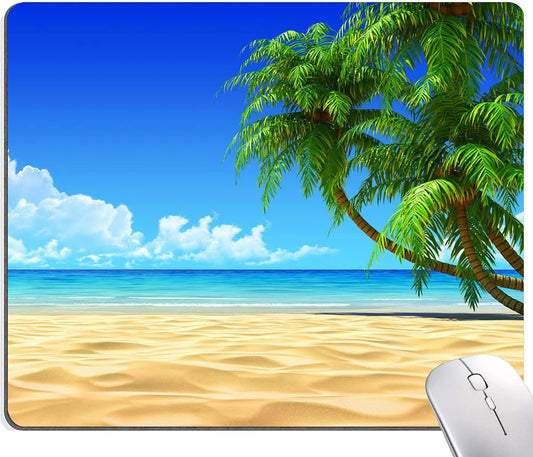 Beach Mouse Pad, Mouse Mat Square Waterproof Mouse Pad Non-Slip Rubber Base MousePads for Office Home Laptop, Beach and Coconut Trees Design