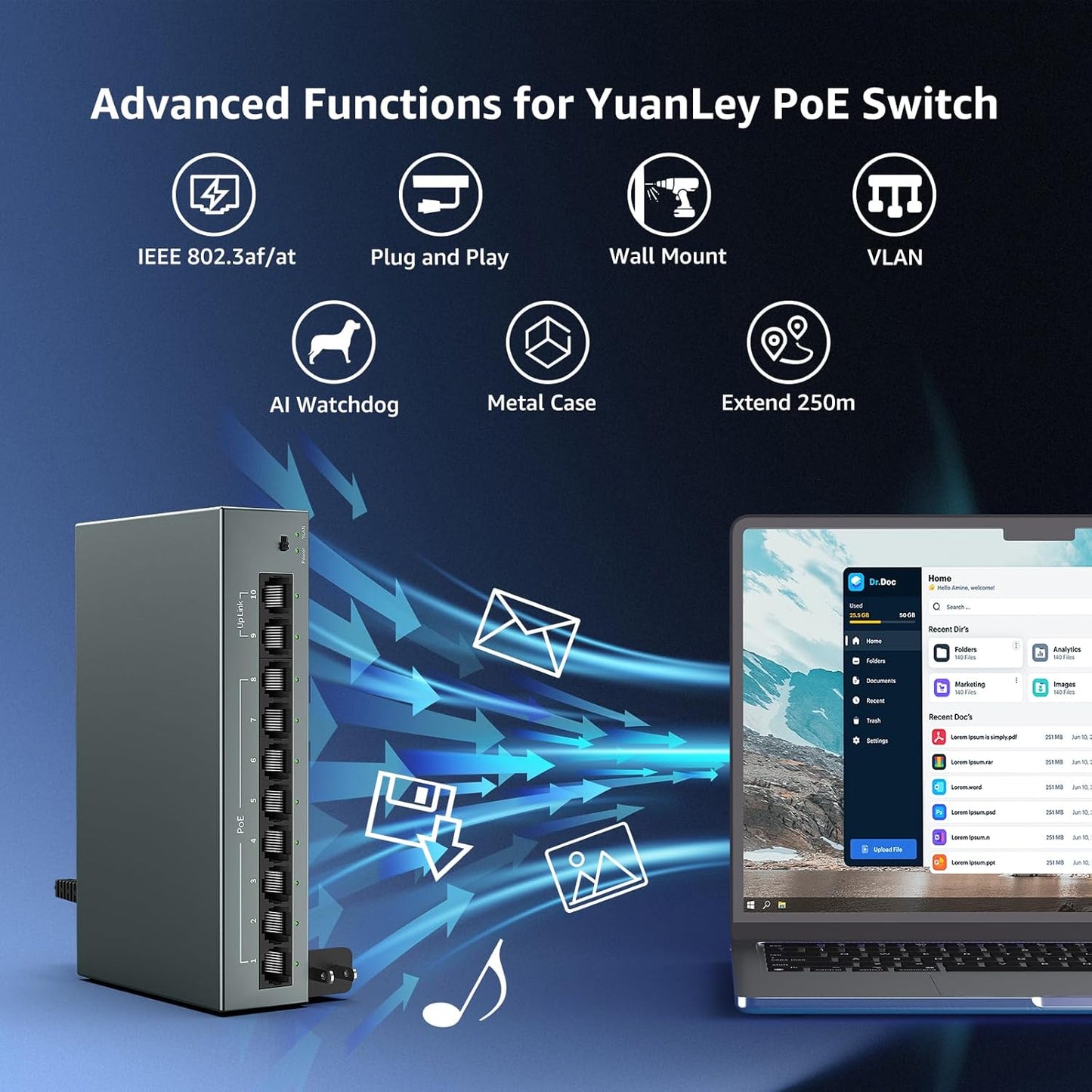 YuanLey 8 Port Gigabit PoE Switch with 2 Gigabit Uplink, 8 Port PoE+ 1000Mbps, 85W 802.3af/at, Extend Function, Metal, Fanless, AI WatchDog, Unmanaged Plug and Play Smart Detection Ethernet Switch