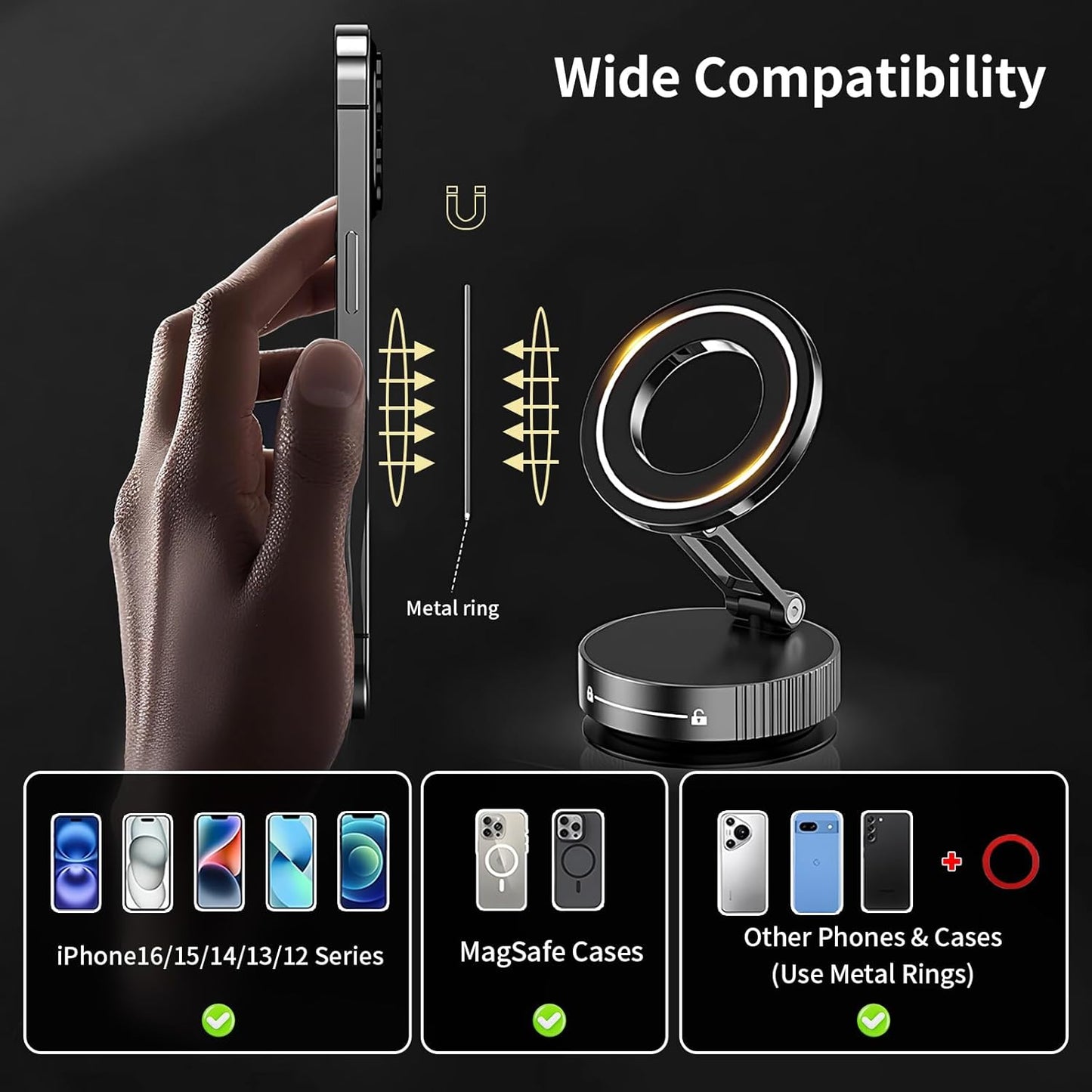 360° Vacuum Suction Cup Magnetic Car Phone Holder [ 96+LBS Suction & 2800gf Magnetic ], Foldable Portable Magnetic Phone Holder for Your Car, Car Phone Mount for iPhone 16/15/14/13/12 Series