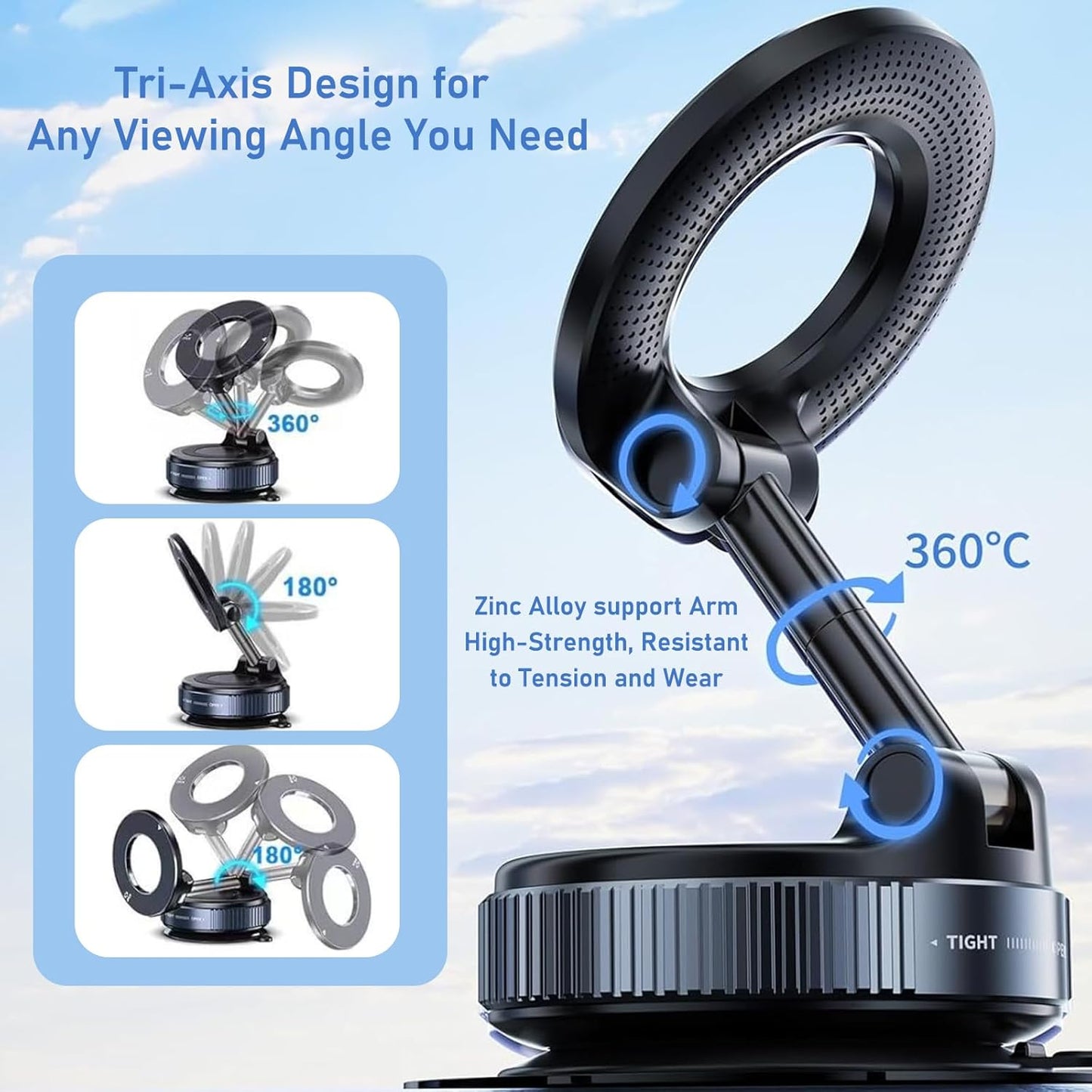 Vacuum Magnetic Phone Holder, 360° Adjustable Magnetic Car Mount, Foldable Portable Suction Cup Cell Phone Mount for Car/Gym/Mirror/Shower, Compatible with All Smartphones & All Car Models