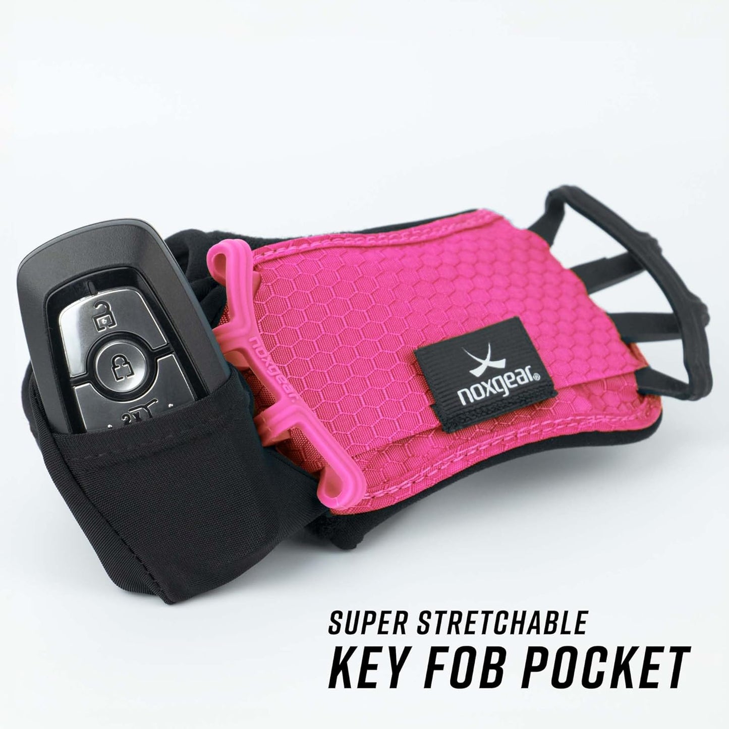 Noxgear Hand Held Phone Holder - Handheld Grip Phone Holder with Key Fob & Card Slot for Running, Jogging & Working Out - Compatible with All Phones - Machine Washable (Raspberry, Left Hand)