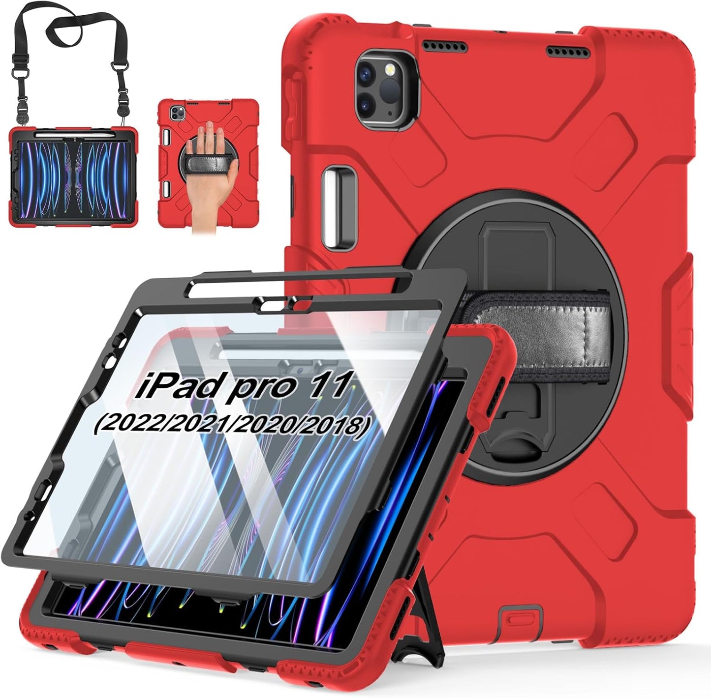 Case for iPad Pro 11 Inch 2022/2021/ 2020/2018: Silicone Cover for iPad 11 Inch 4th/ 3rd/ 2nd/ 1st/ Generation with Screen Protector- Stand- Handle- Shoulder Strap- Pencil Holder- Red