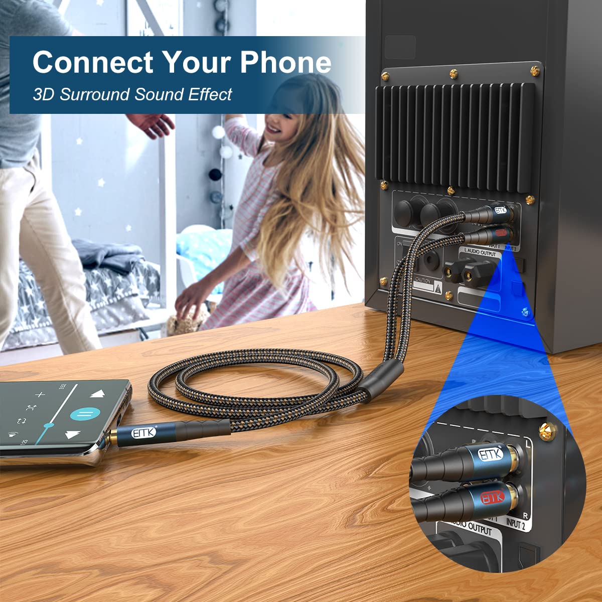 EMK 3.5mm to 2RCA Cable 24K Gold-Plated Nylon Braided RCA to Auxiliary Stereo Audio Headphone Male to Male 1/8 to RCA Cord for Tablet,Subwoofer,Home Theater,DVD Speaker,MP3/MP4,Player 15ft/5m