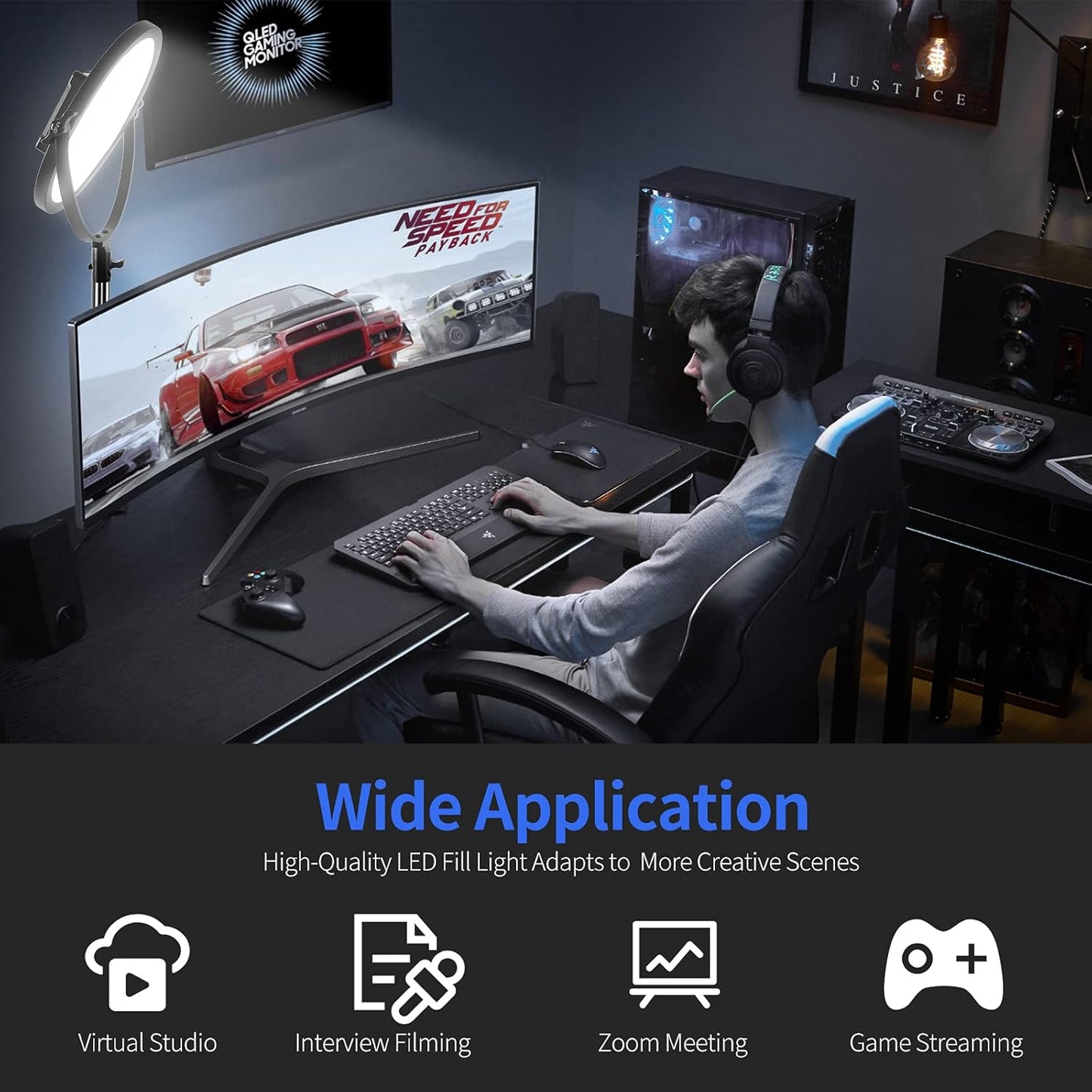 GVM Desk Mount LED Video Light, 10'' Round Key Light with Built-in Diffuser and LCD Display, Bi-Color Professional Light for Game/Studio/Streaming/YouTube Video Shooting, APP Control CRI 97+