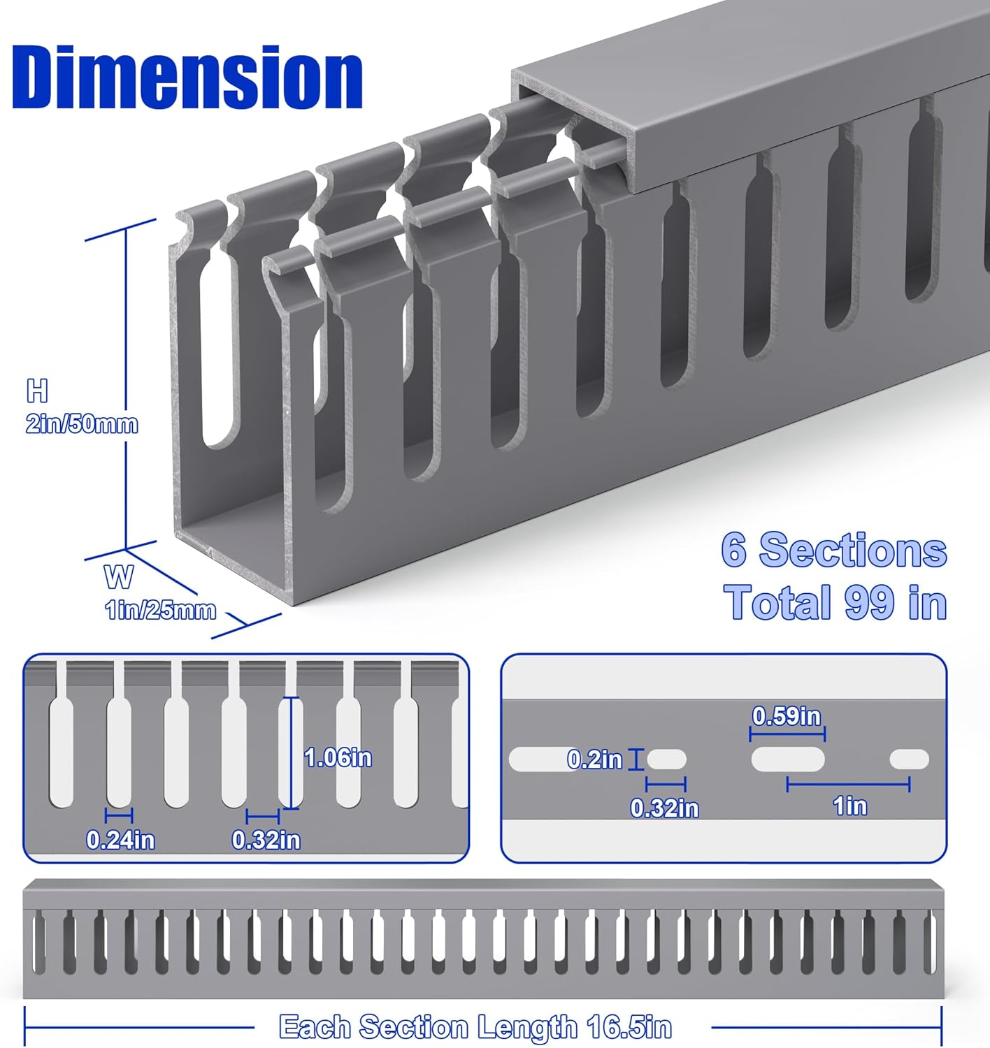 ZhiYo H2in x W1in Server Rack Cable Management Raceway, 99in (6X L16.5in) Cable Raceway Kit, Electrically Safe PVC Open Slot Wire Cover, Cord Hider for Under Desk/Computer/Network Cords, Grey