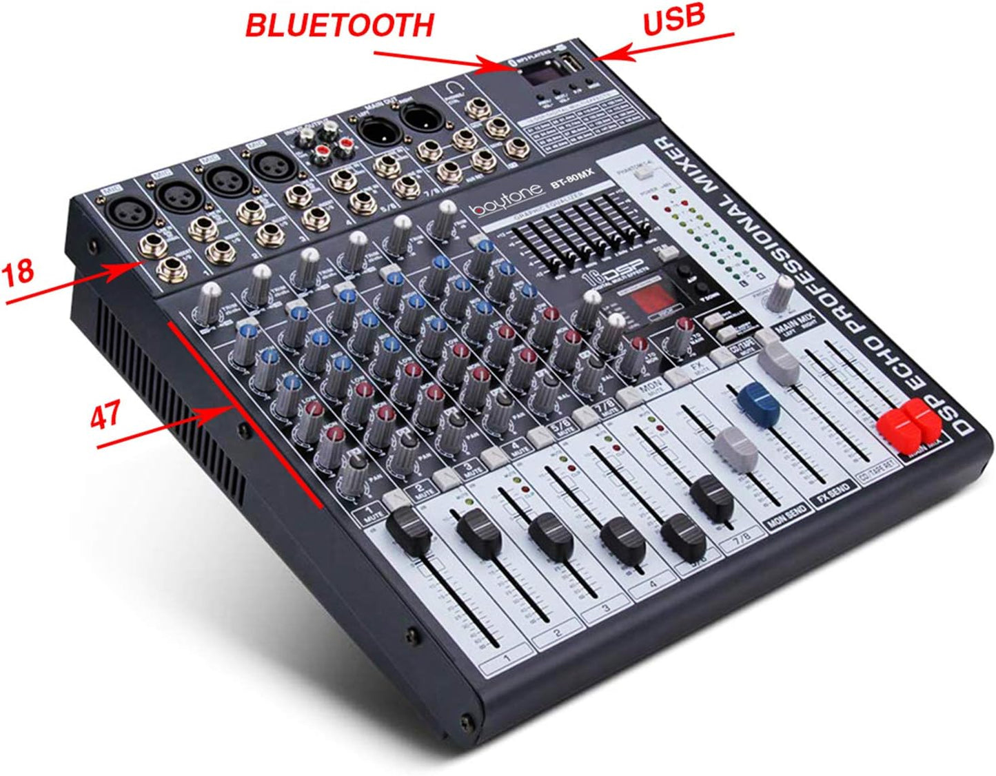Boytone Dj Mixers 8 Channel Audio Mixer Sound Board with Bluetooth, USB MP3 Port Player with 48V Phantom Power Sounds Mixer with 16 Bit FX Effect, BT-80MX