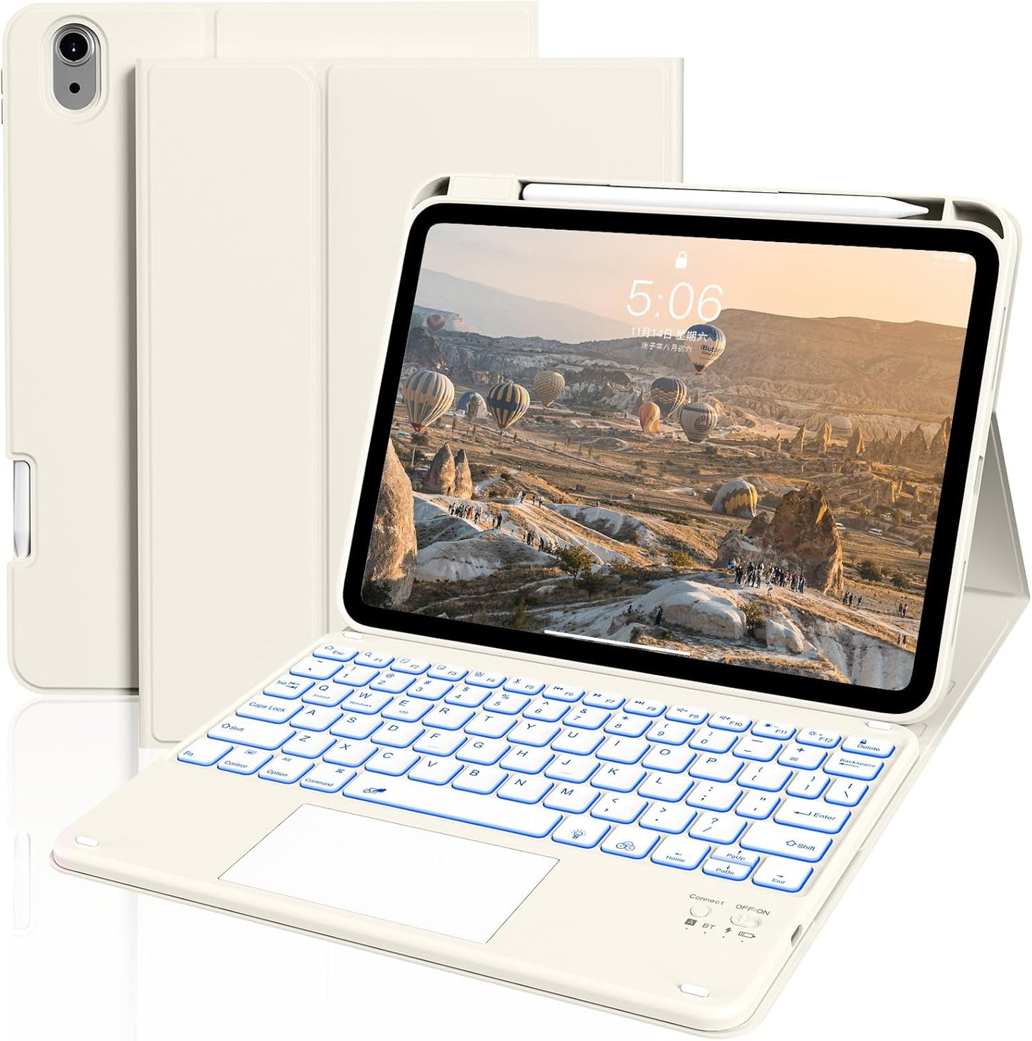 JKSML for iPad(A16) 11th/10th Generation Case with Keyboard (11/10.9 inch) 2025/2022, 7 Color Backlight Detachable Bluetooth Cover with Trackpad, Flip Stand Case Thin with Pencil Holder, Cream White