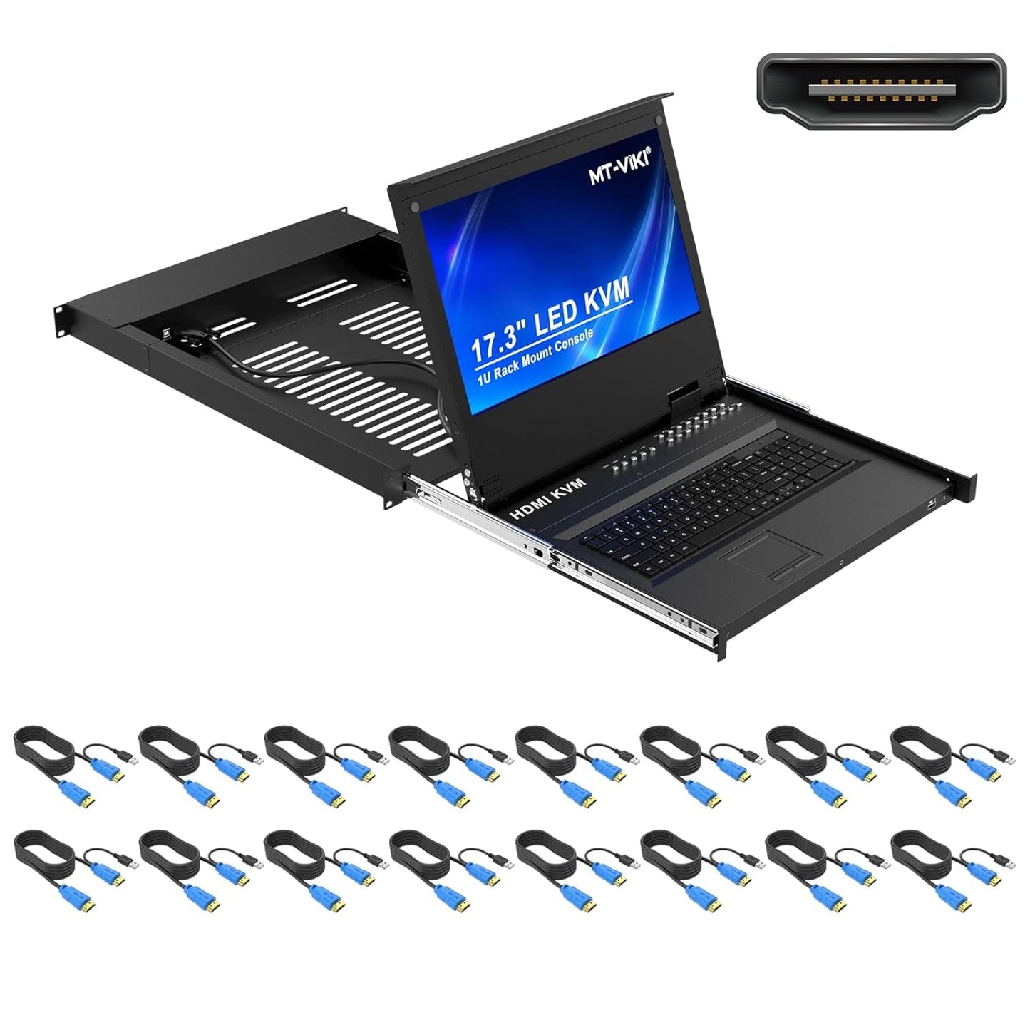 MT-VIKI® Rack Mount KVM HDMI with 17.3'' LCD Monitor, 1080P Support OSD/Hotkey, Included 16 KVM Cables+Keyboard + Touchpad, Fit 1U 19'' Rack