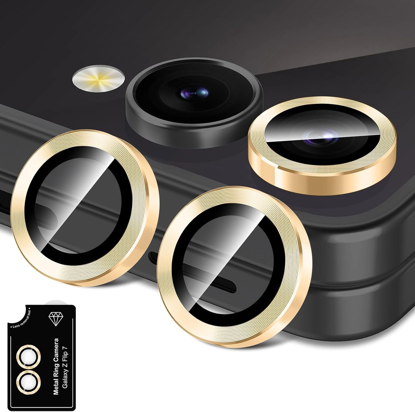 for Samsung Galaxy Z Flip 7 Camera Lens Protector, Individual Metal Ring Tempered Glass Lens Cover, [Strong Adsorption] Scratch Resistant Ultra-Thin HD Clear Lens Cover, 1 Set-Gold