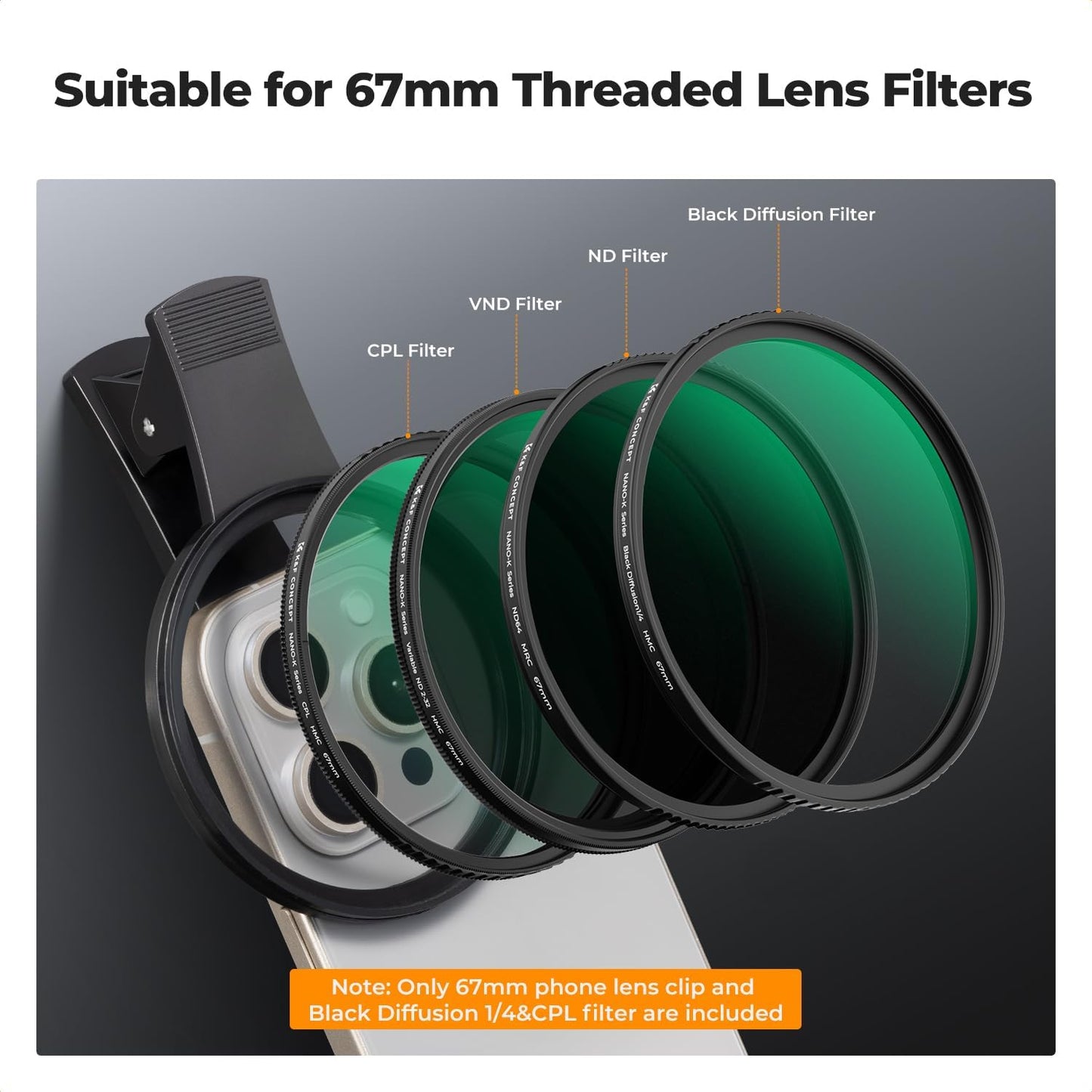 K&F Concept 67mm Clip-on Black Diffusion 1/4&CPL Phone Camera Lens Filter Kit, Mist Cinematic Effect Filter Compatible with iPhone 16 15 14 13 12 11, for Video/Vlog/Portrait Photography